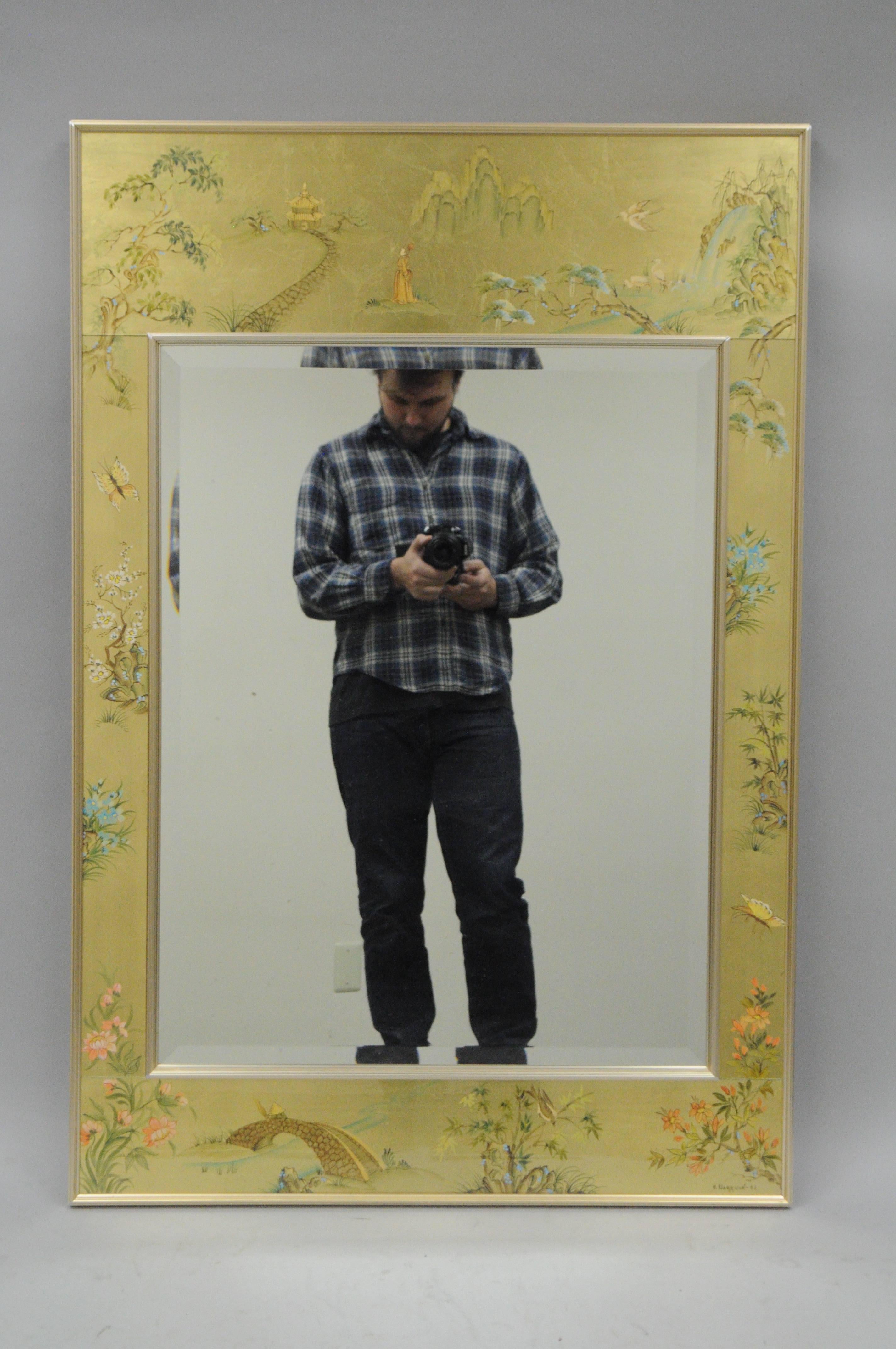 Labarge Chinoiserie Style Gold Eglomise Wall Mirror Reverse Painted Asian Signed 1