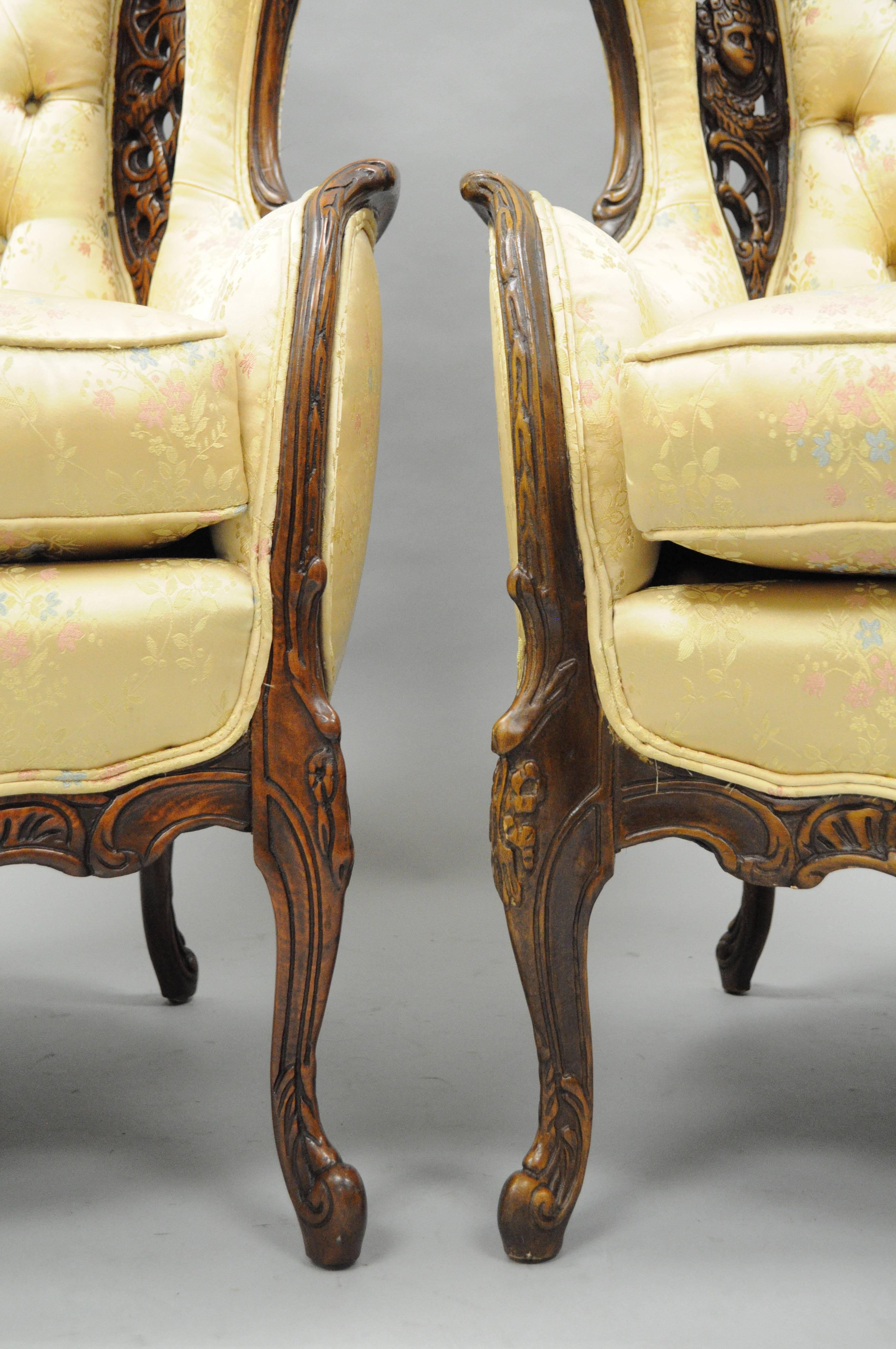 Upholstery Pair of Carved Wingback French, Louis XV Style Chairs Figural Living Room Parlor