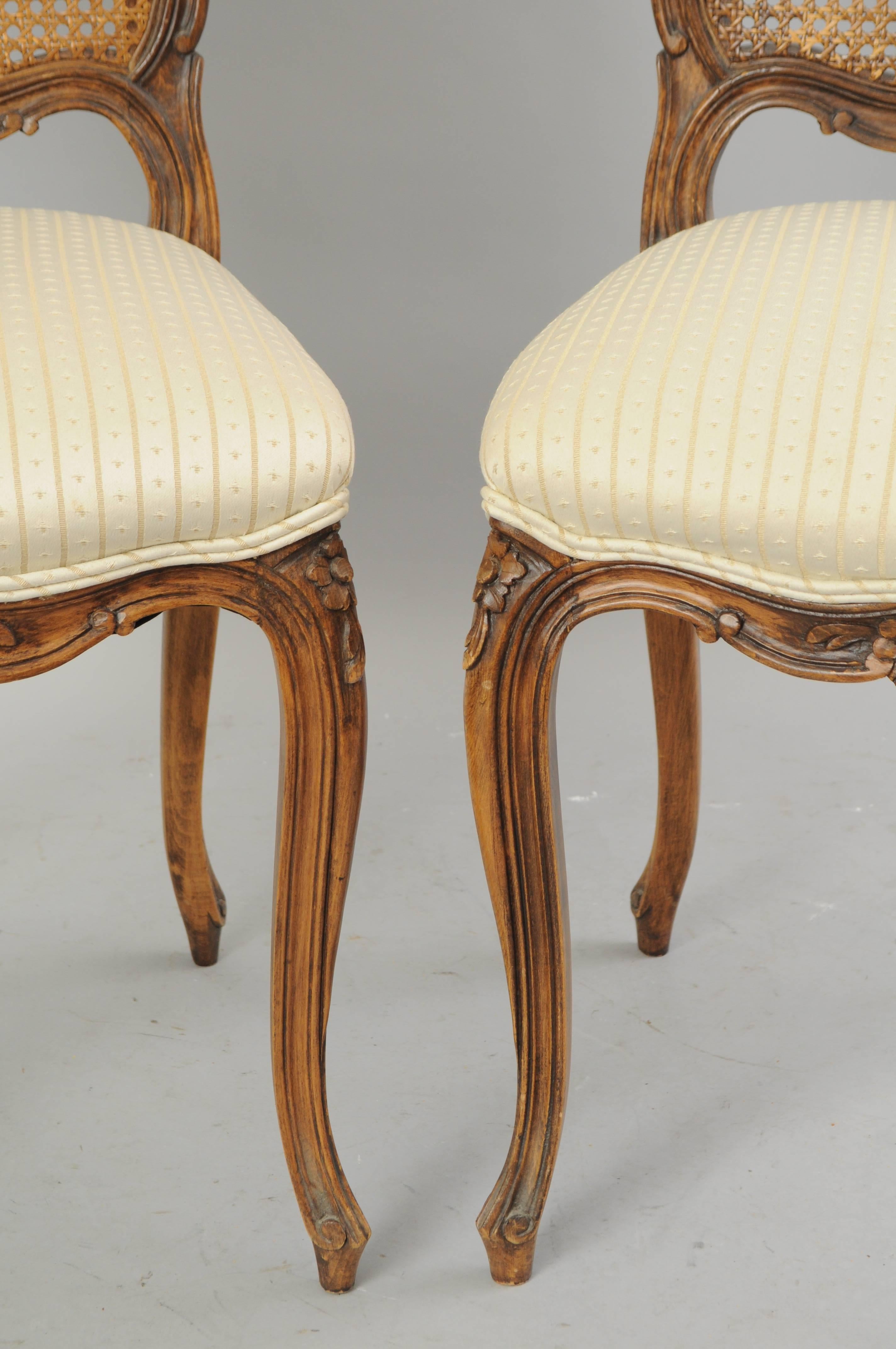 Carved Set of Six French Country Louis XV Style Cane Back Walnut Dining Side Chairs