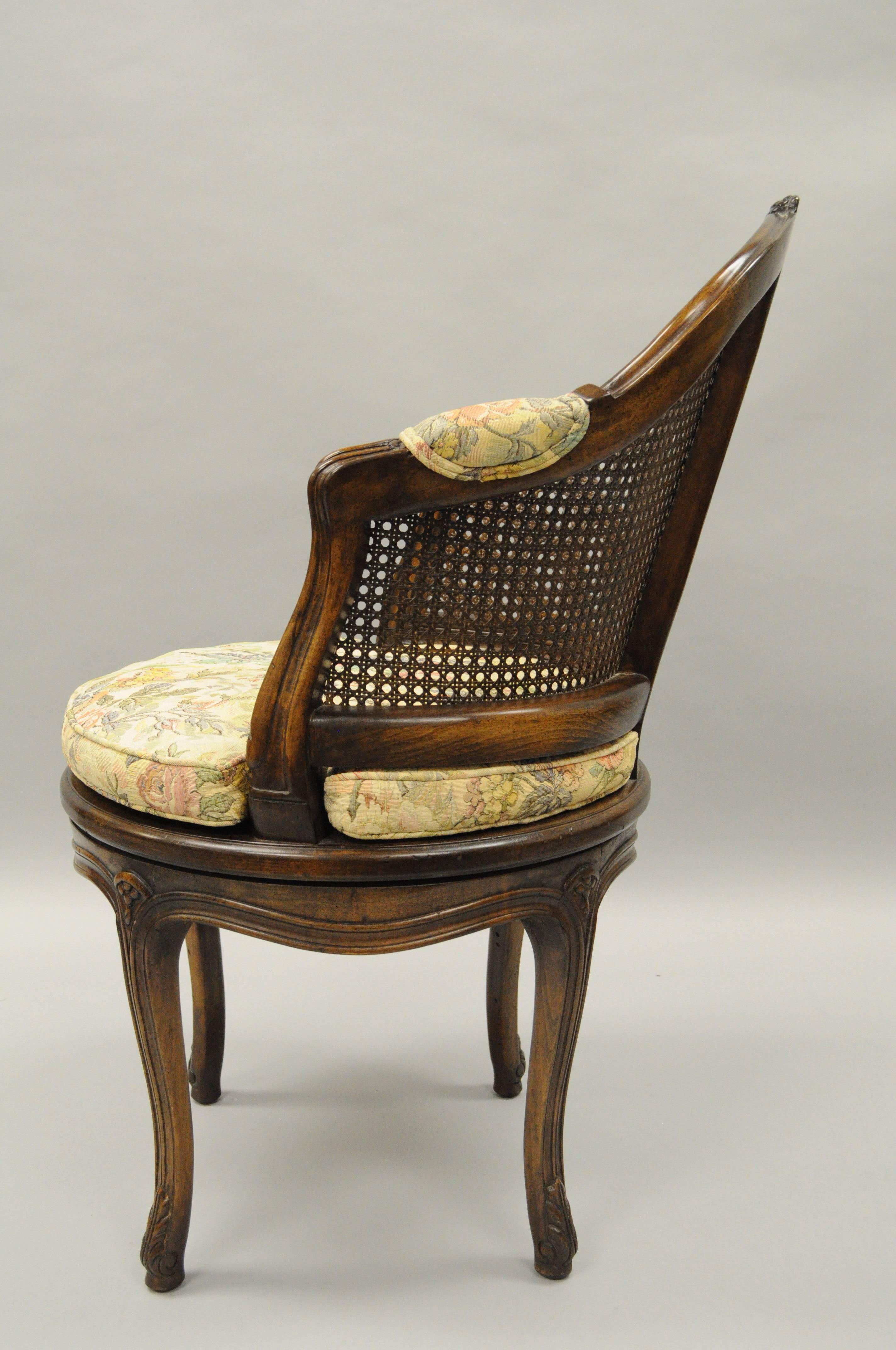 Mid-20th Century French Country Louis XV Style Swivel Vanity Chair Cane Back Boudoir Seat Walnut