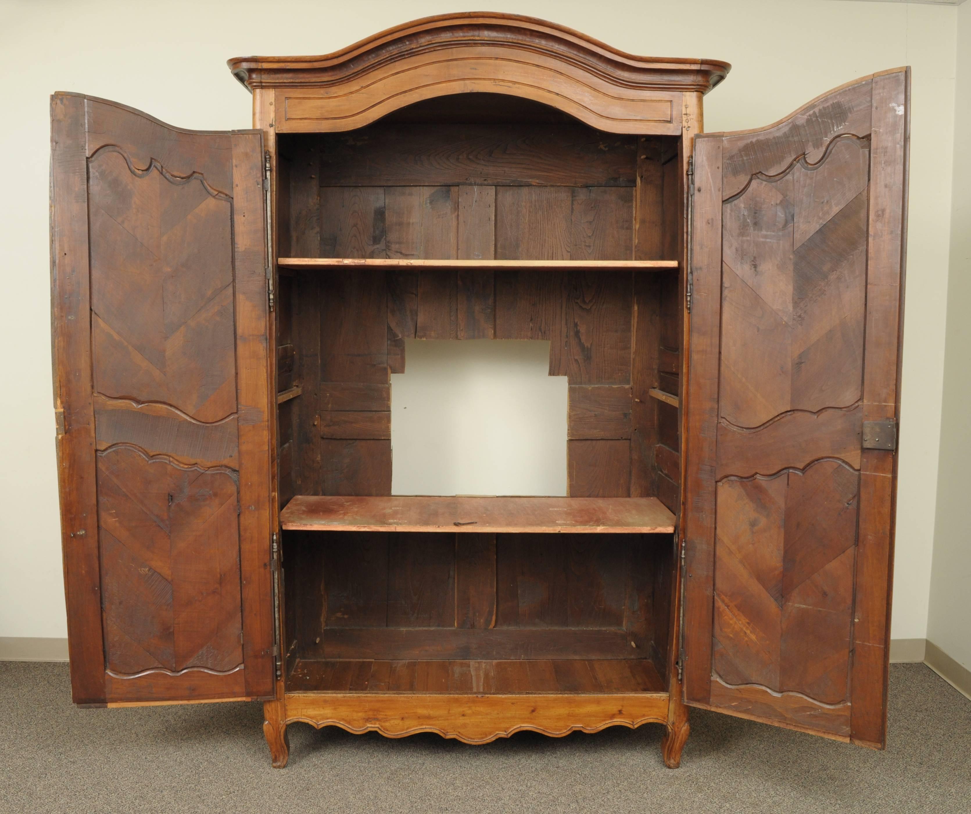 Carved Country French Provincial Louis XV Walnut Bonnet Top Armoire Wardrobe Cabinet For Sale