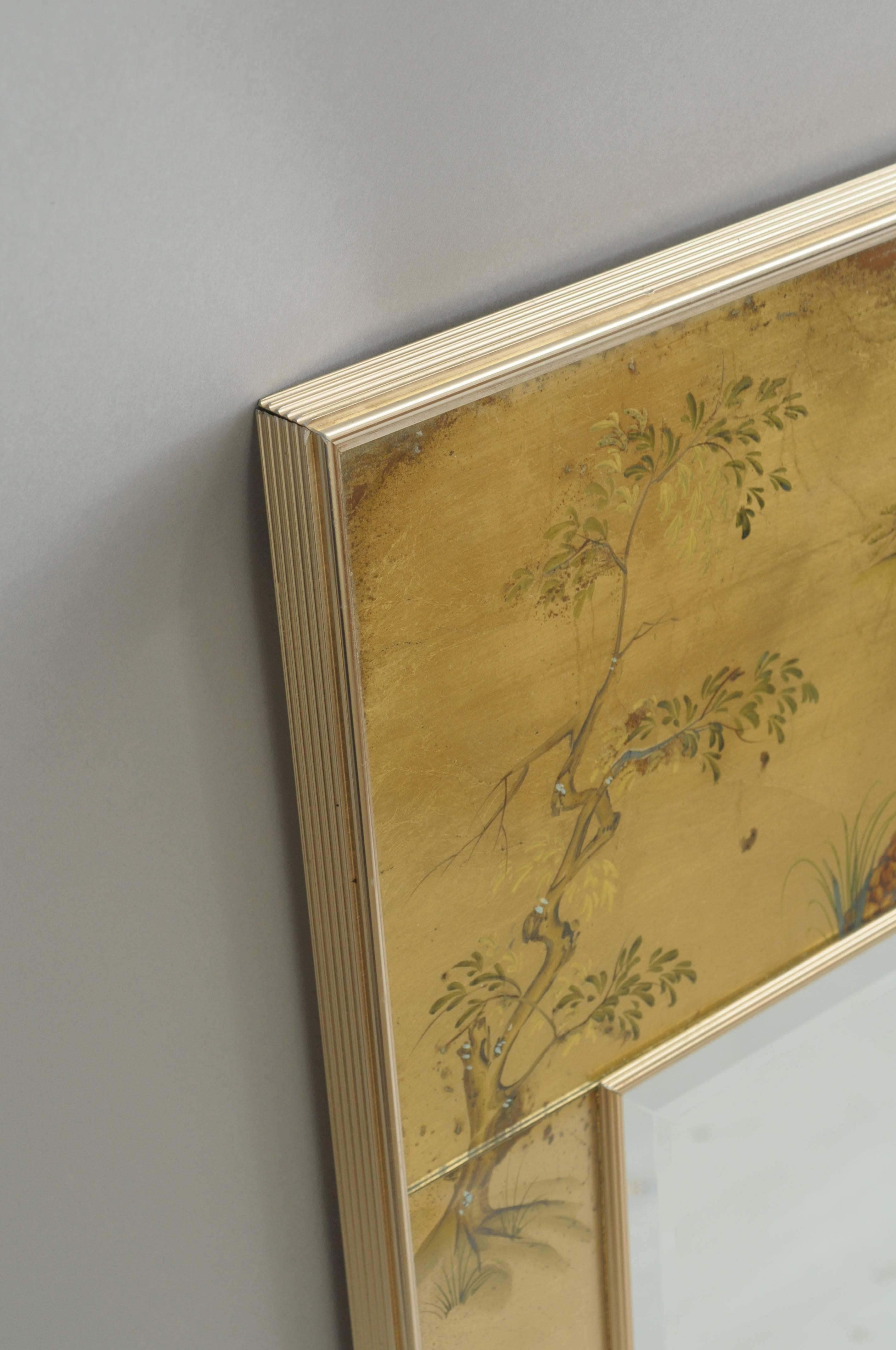 American Labarge Chinoiserie Style Gold Églomisé Wall Mirror Reverse Painted Asian Signed