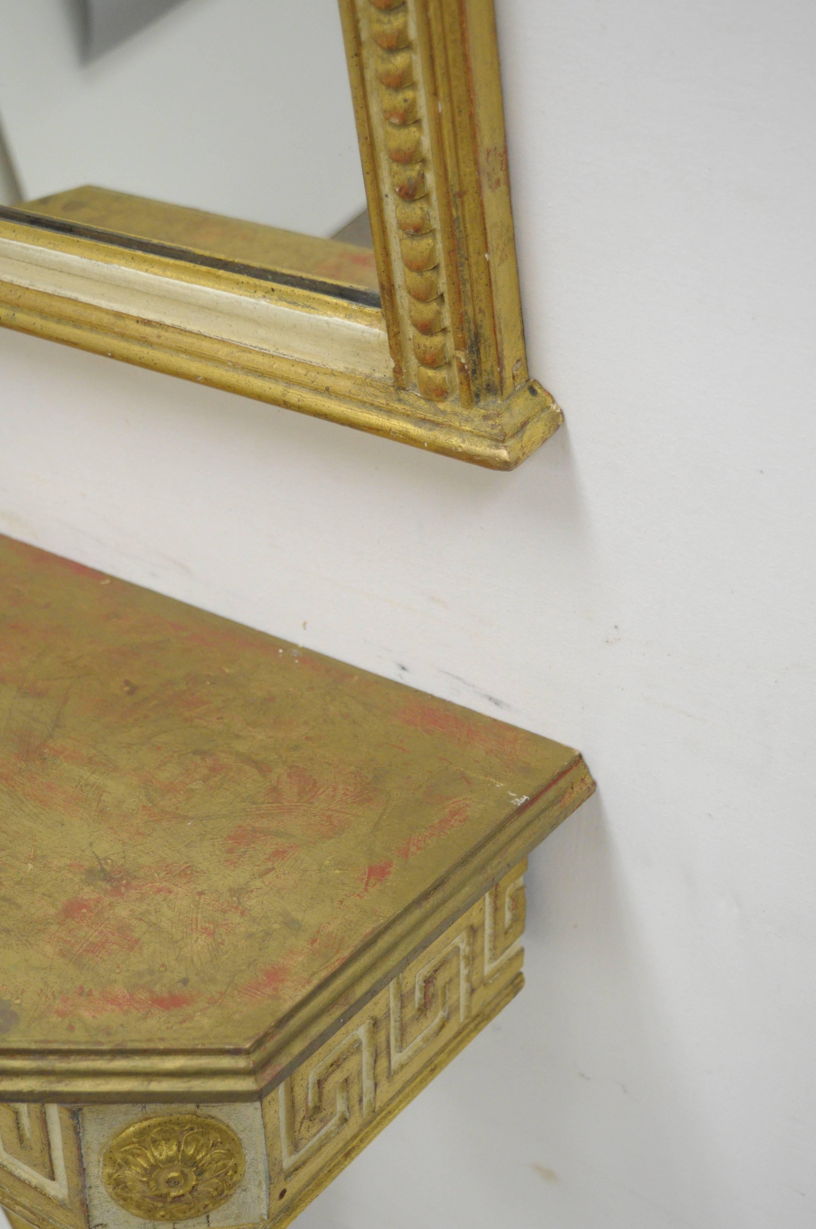 Italian Neoclassical Style Gold Greek Key Wall Mount Console Table and Mirror 1