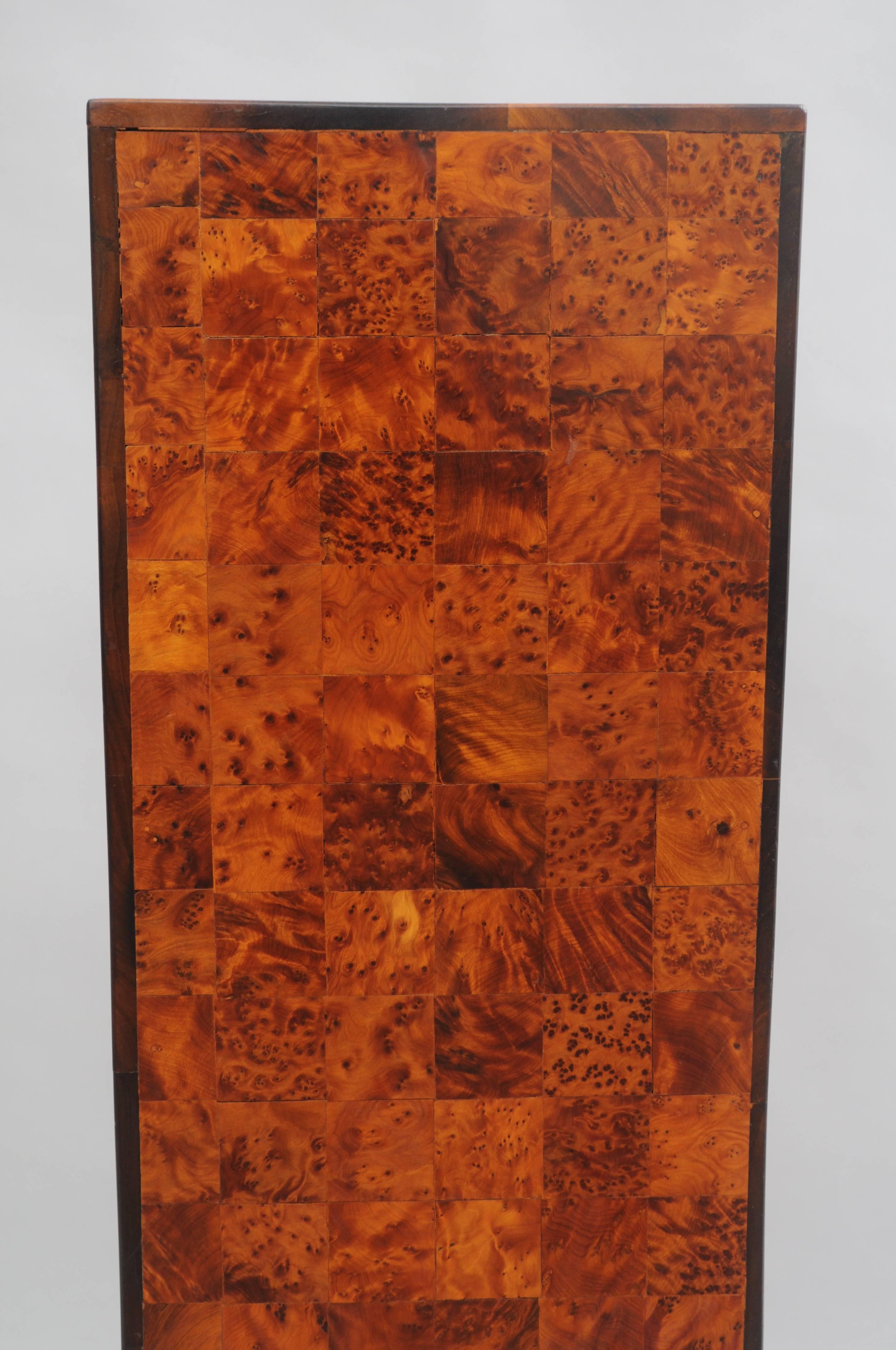 Burl Wood Patchwork Pedestal Stand Burl Wood and Rosewood Trim Square Column In Good Condition In Philadelphia, PA