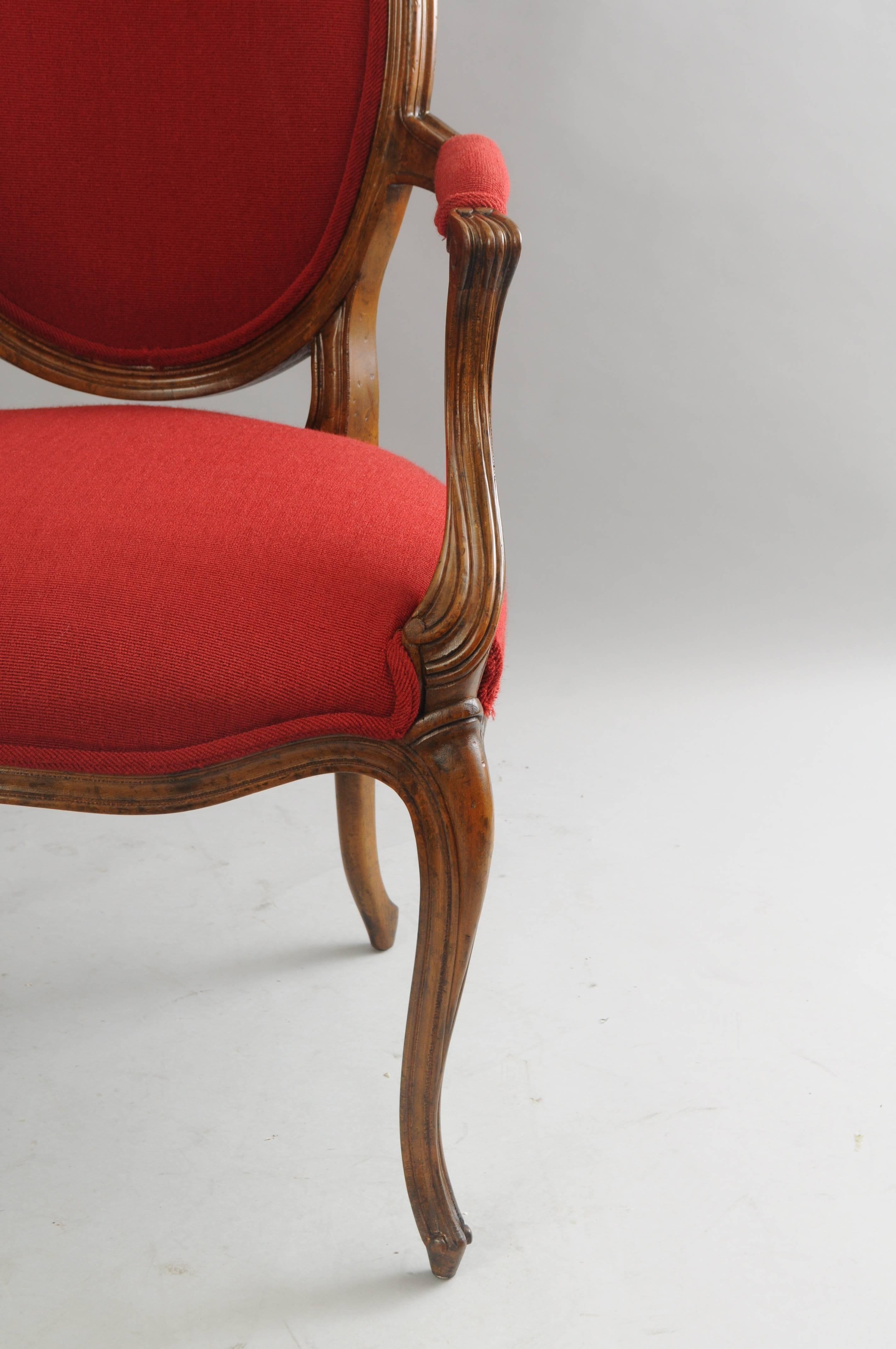 Pair of Baker French Country Louis XV Style Armchairs Oval Upholstered Back In Good Condition In Philadelphia, PA