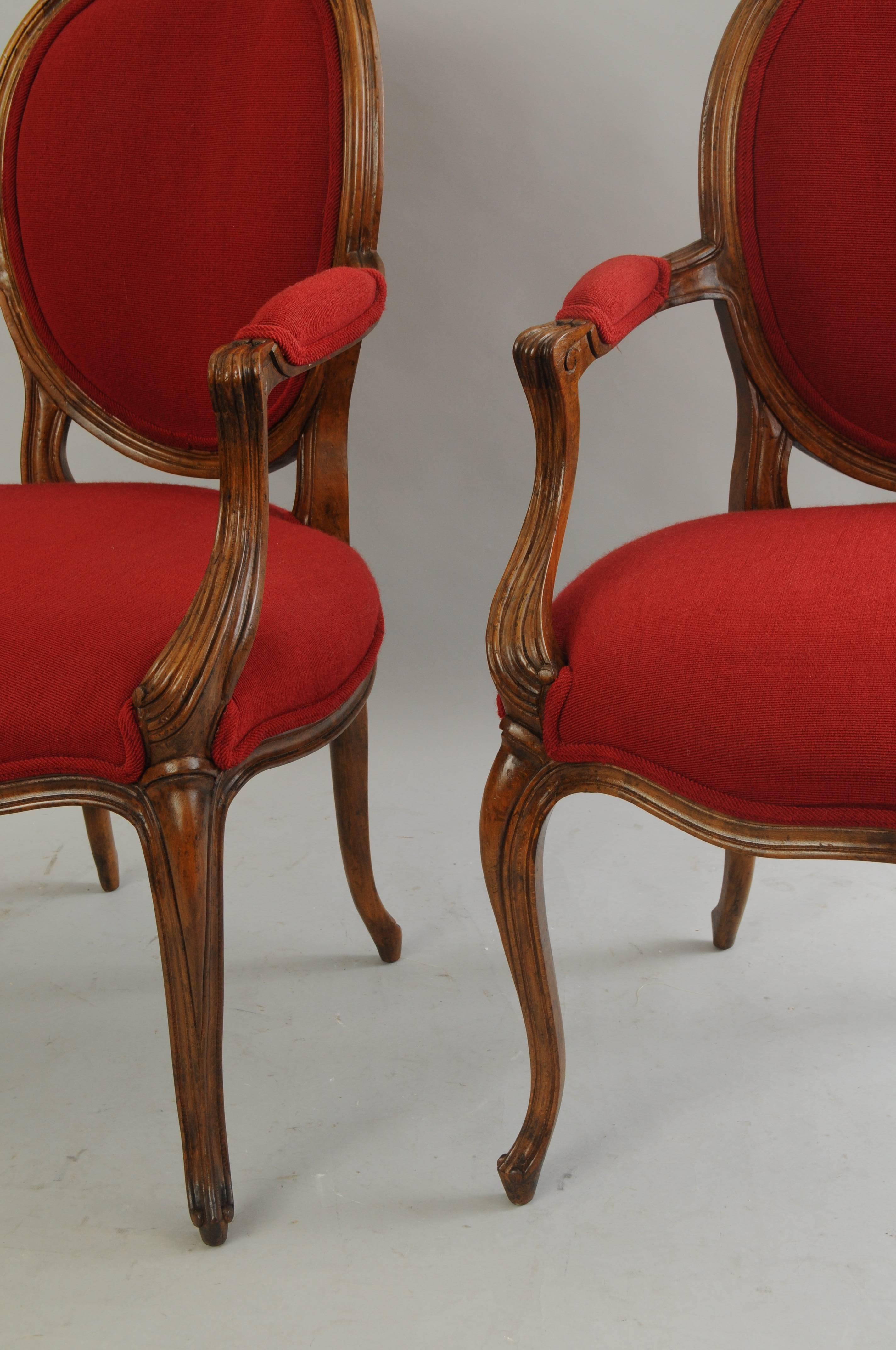 American Pair of Baker French Country Louis XV Style Armchairs Oval Upholstered Back