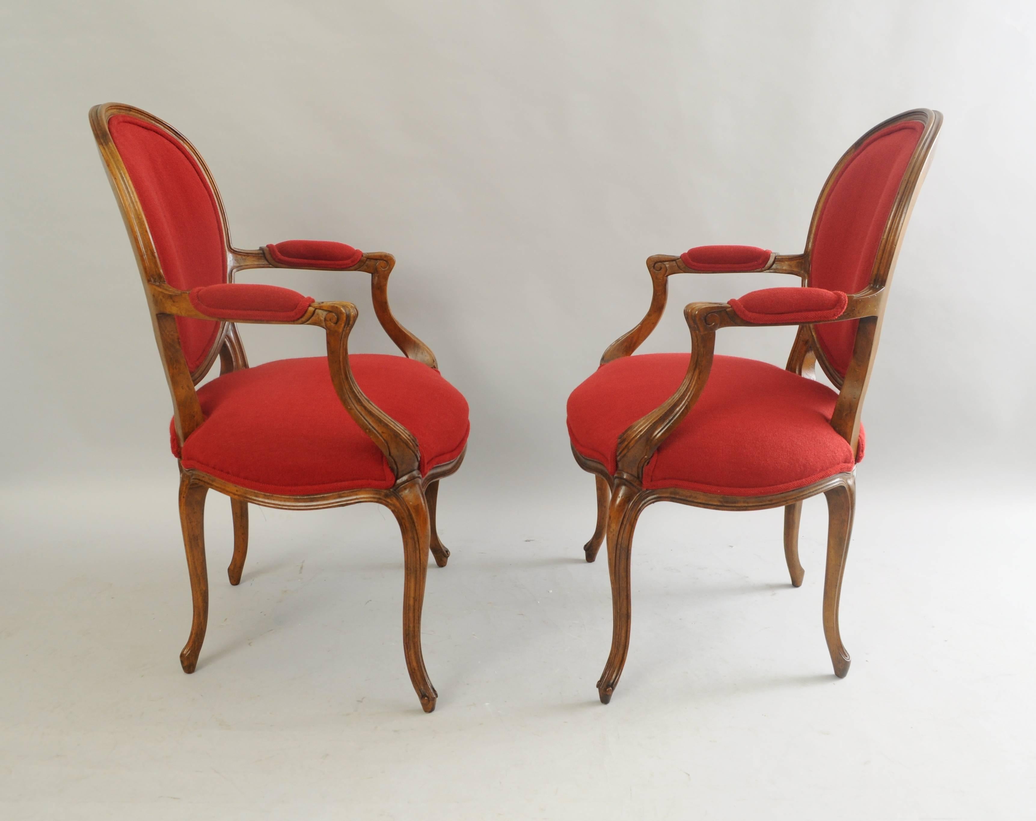 Mid-20th Century Pair of Baker French Country Louis XV Style Armchairs Oval Upholstered Back