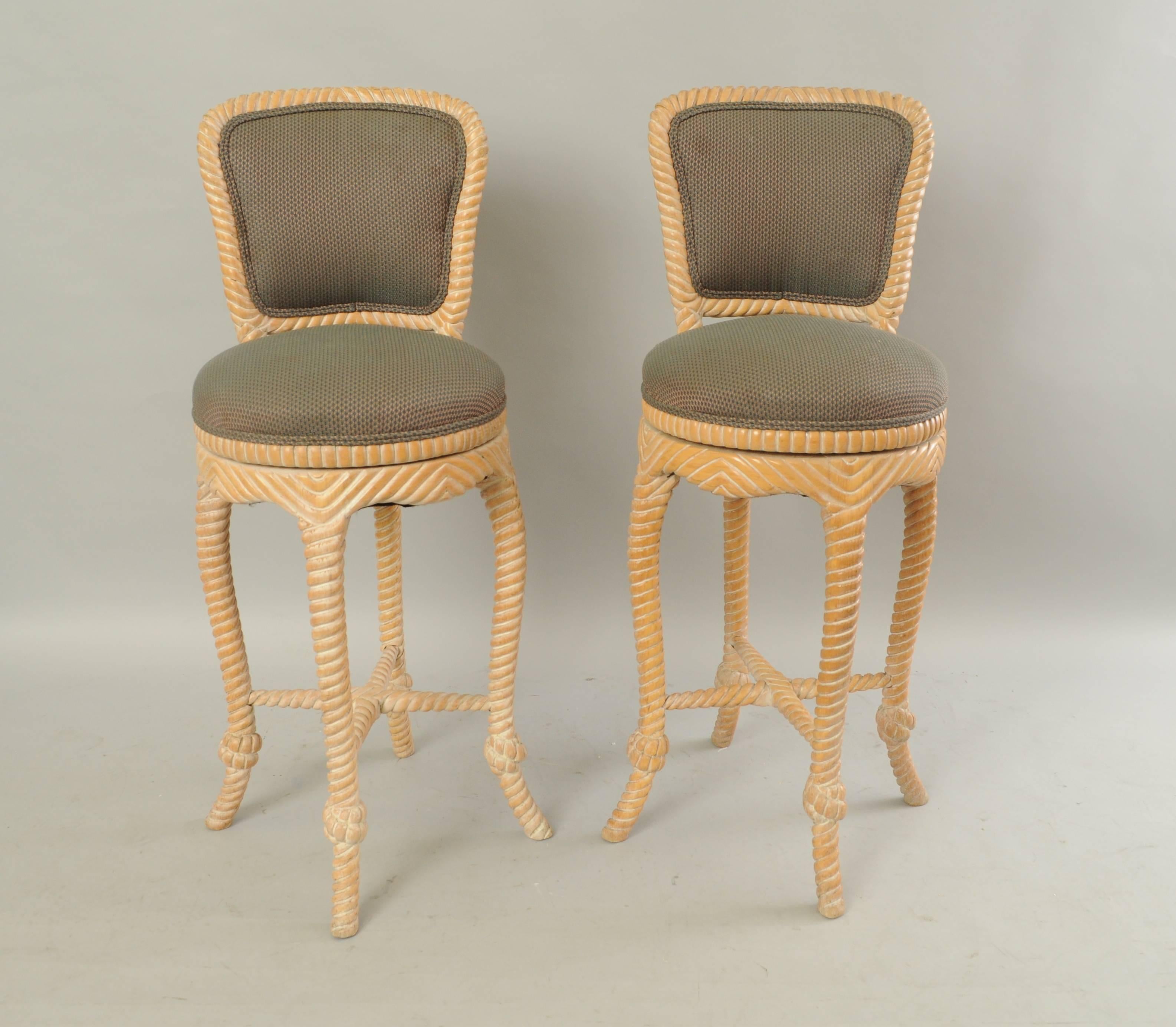 Pair of Vintage Italian Carved Wood Rope and Tassel Swivel Bar Stools Chairs For Sale 1