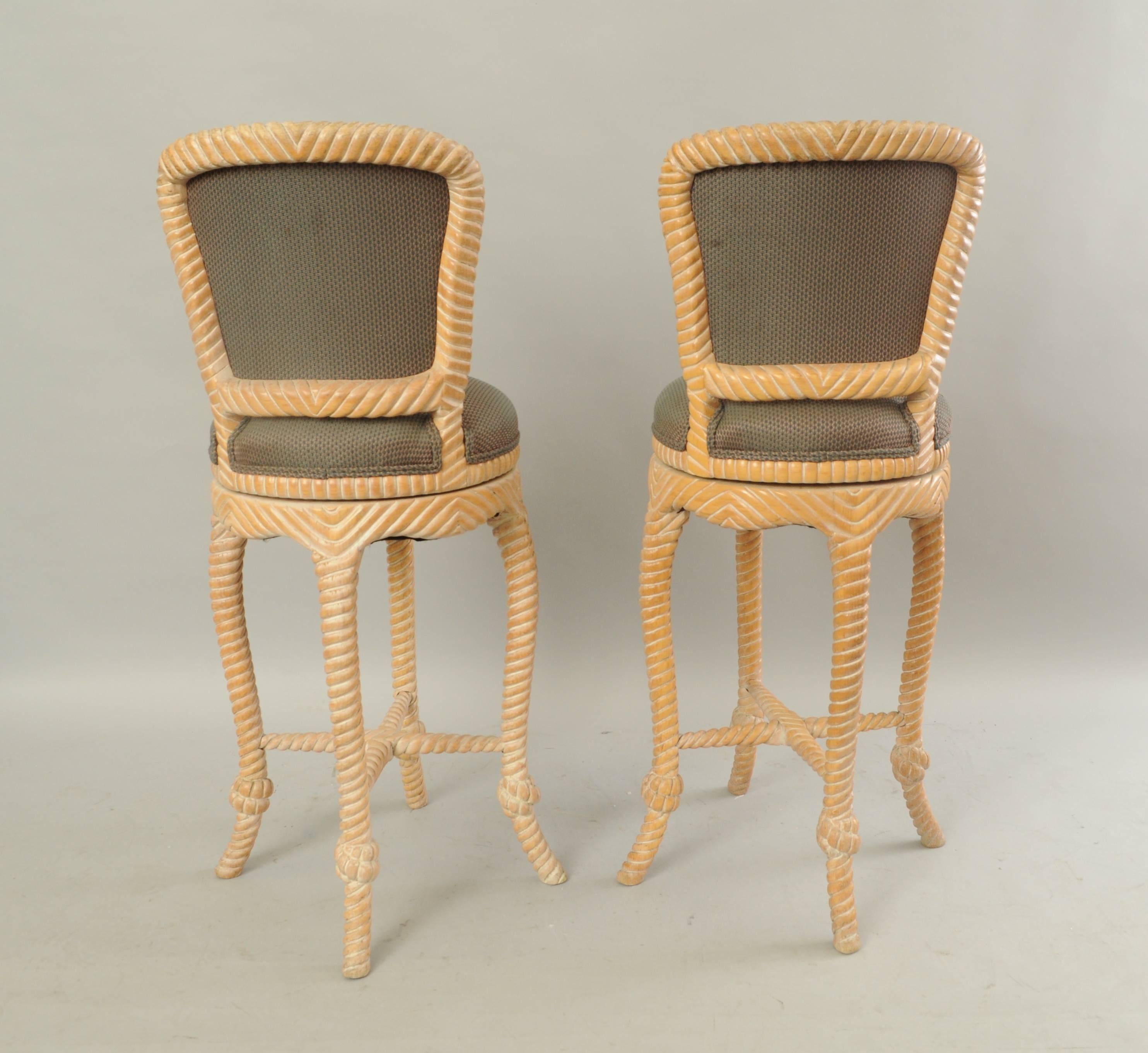 Pair of Vintage Italian Carved Wood Rope and Tassel Swivel Bar Stools Chairs In Good Condition For Sale In Philadelphia, PA