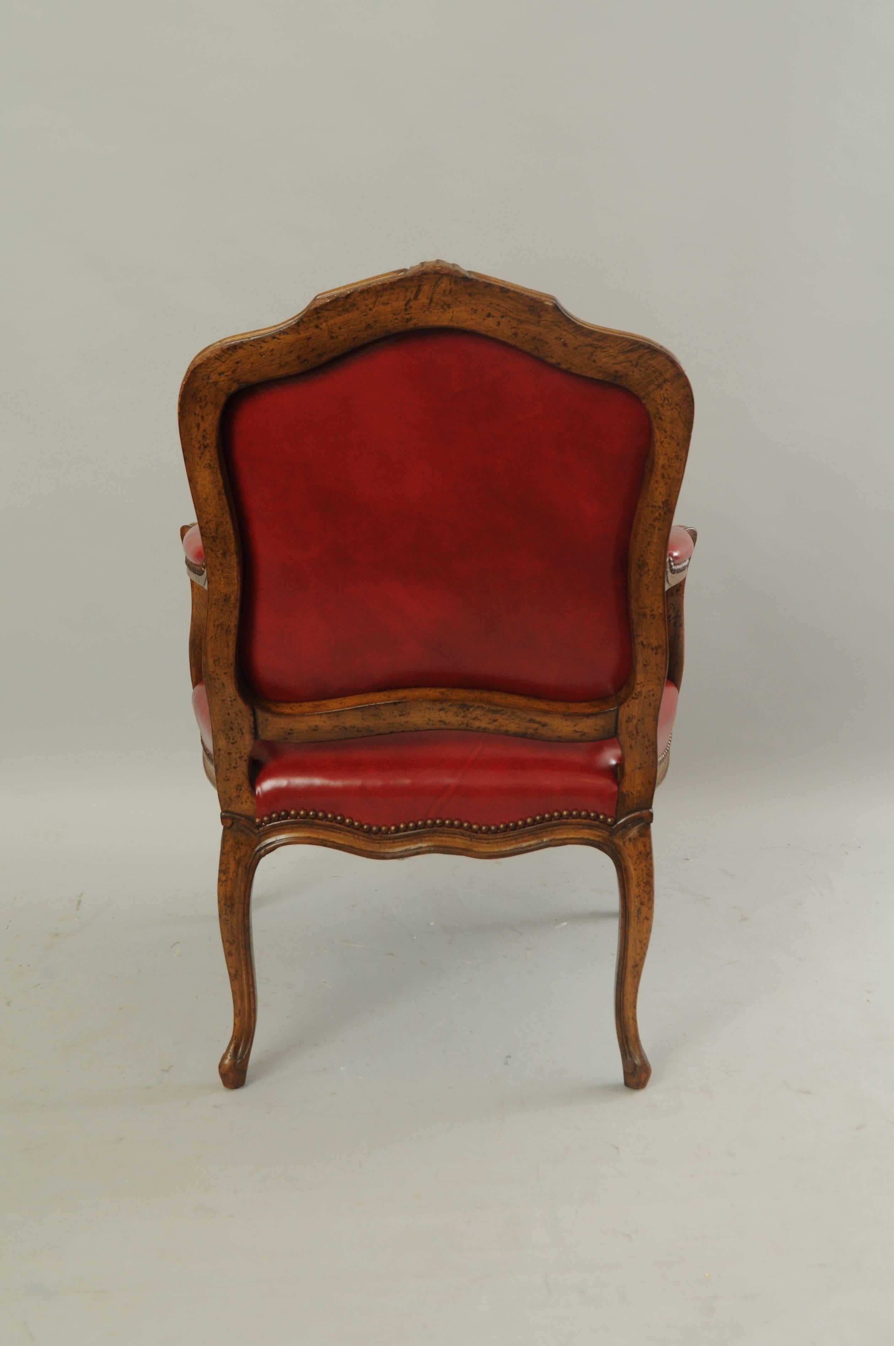 Vintage Auffray & Co French Country Louis XV Style Armchair Walnut & Red Leather 3