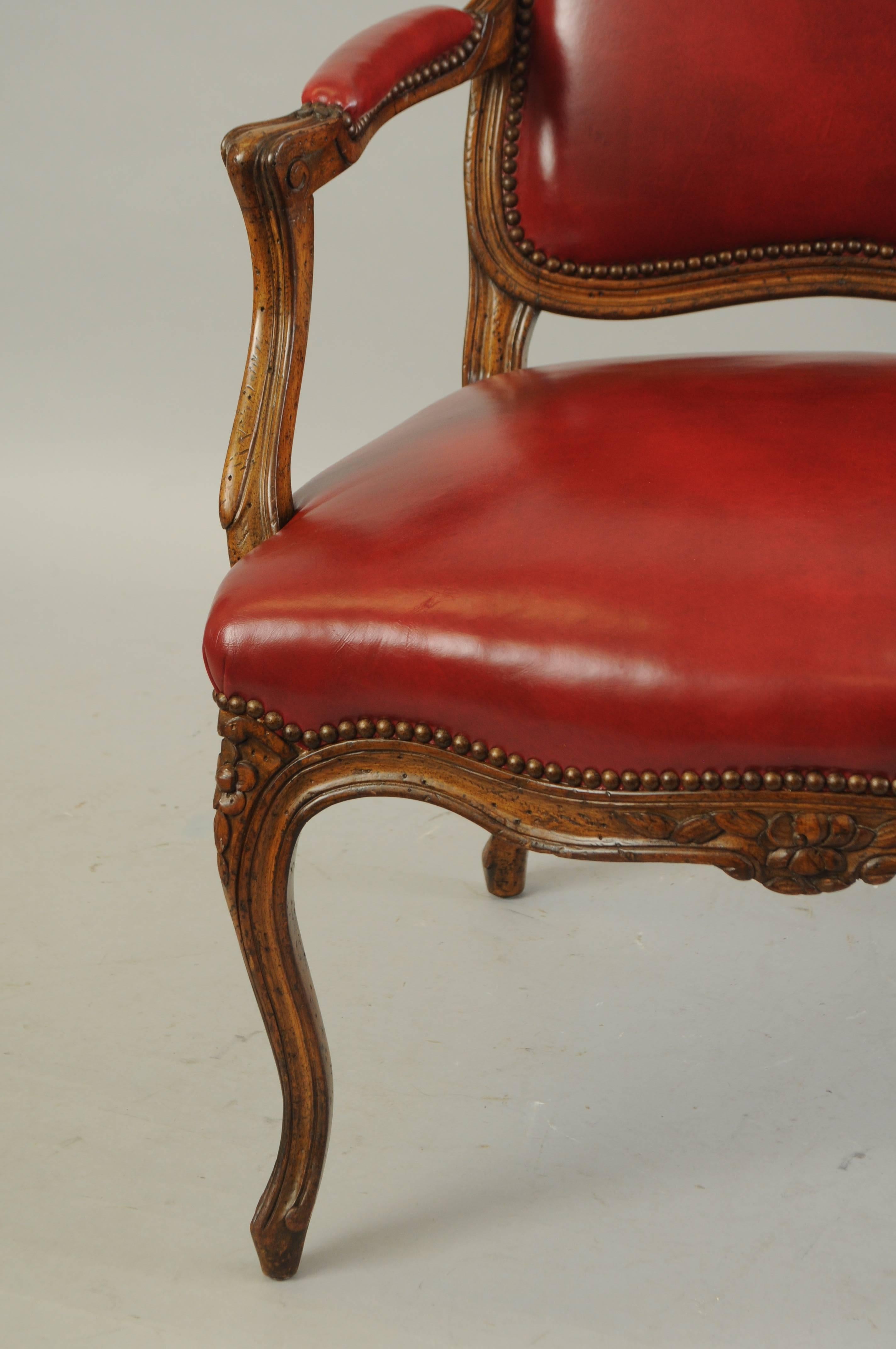 American Vintage Auffray & Co French Country Louis XV Style Armchair Walnut & Red Leather