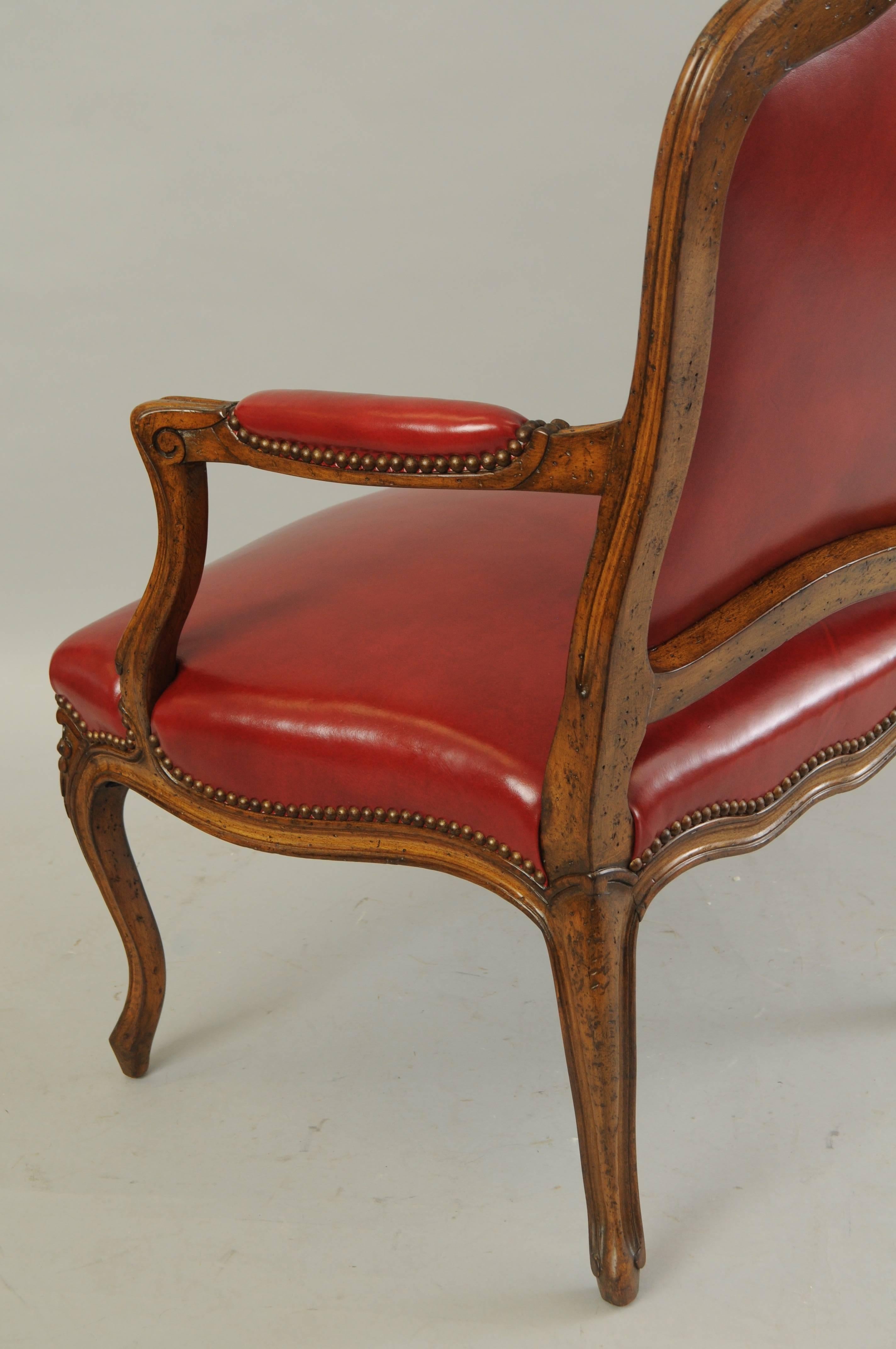 Vintage Auffray & Co French Country Louis XV Style Armchair Walnut & Red Leather 2