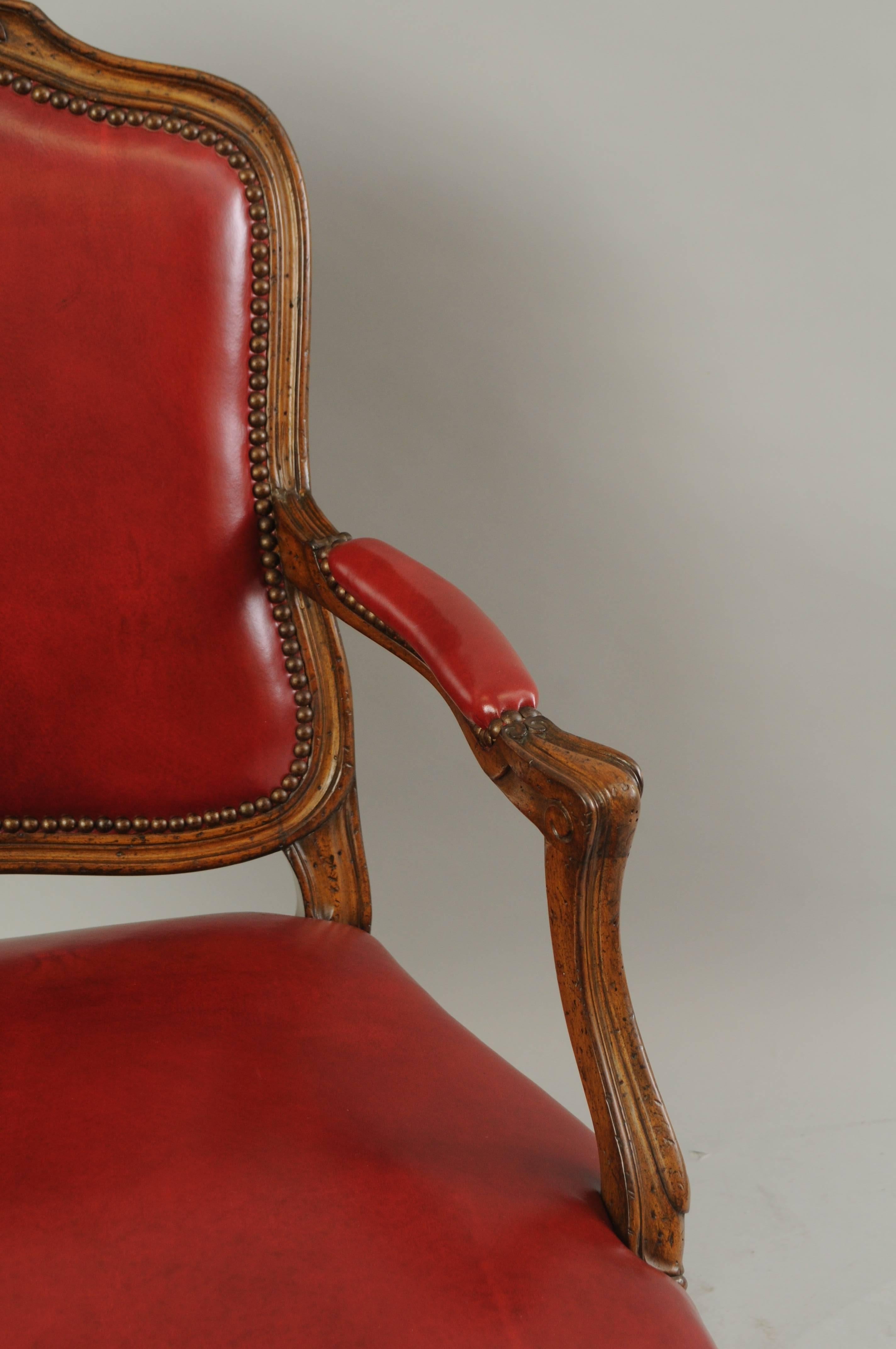 Vintage Auffray & Co French Country Louis XV Style Armchair Walnut & Red Leather 1