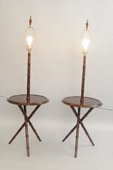 Pair of Chinese Chippendale Faux Bamboo Wood Tripod Floor Lamp Round End Tables