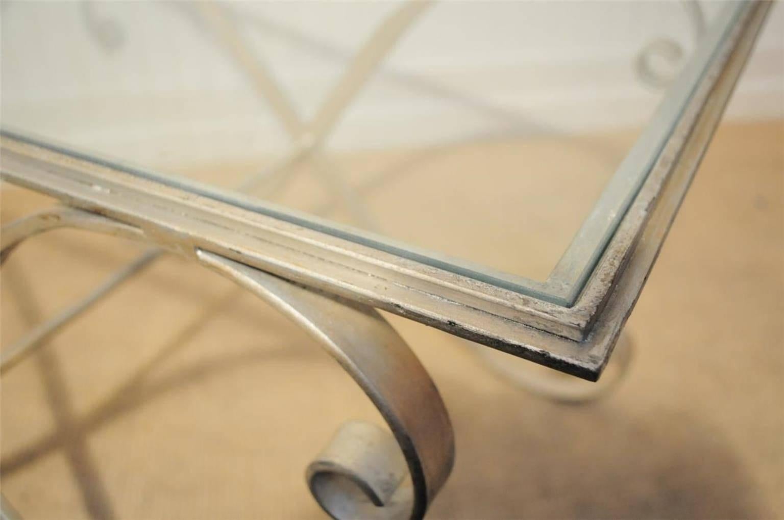 Italian Hollywood Regency Iron X-Frame Rectangular Silver Scrolling Coffee Table 3