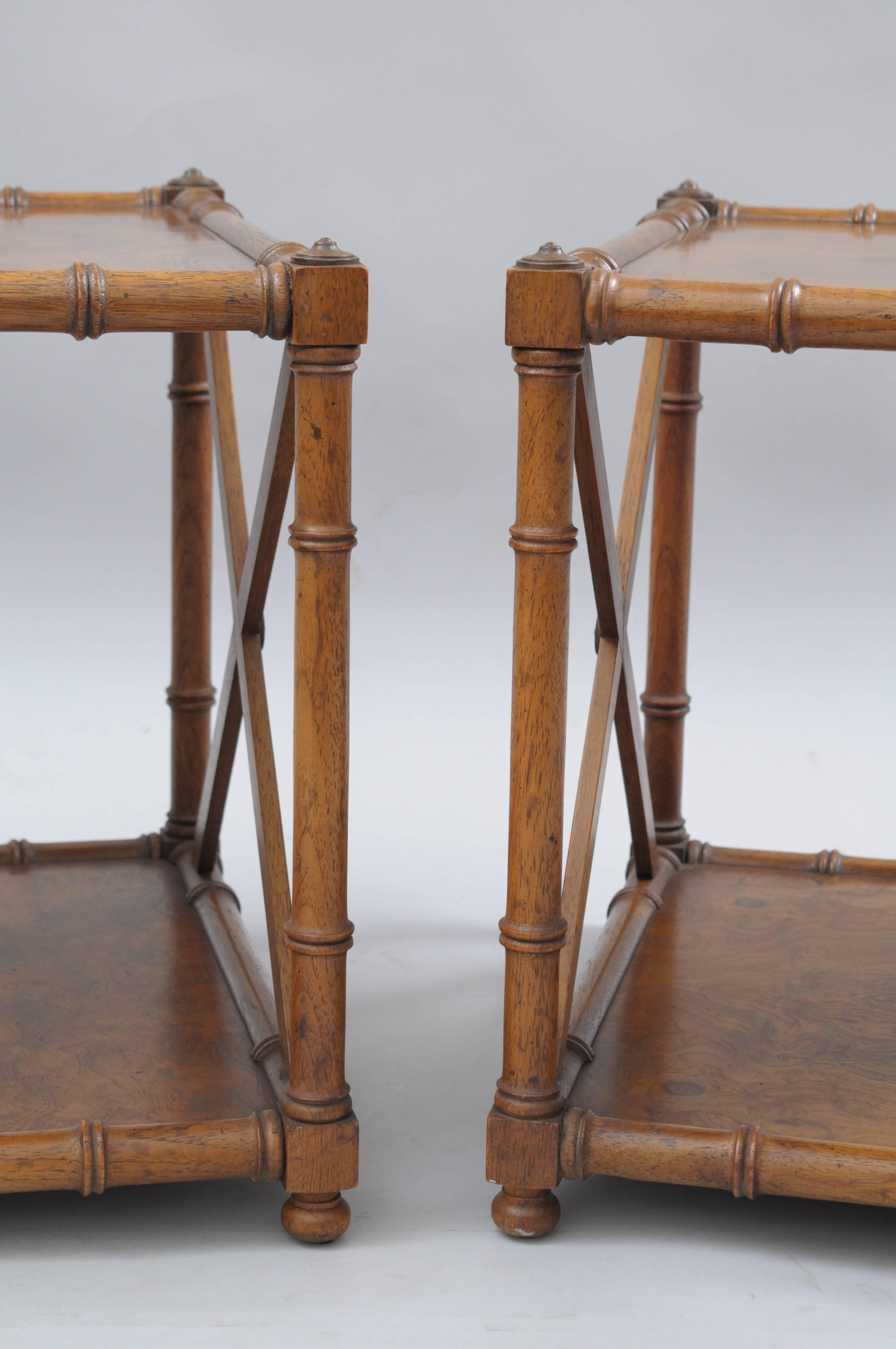 American Pair of Burl Wood Faux Bamboo Low End Tables Drexel Heritage Grand Tour