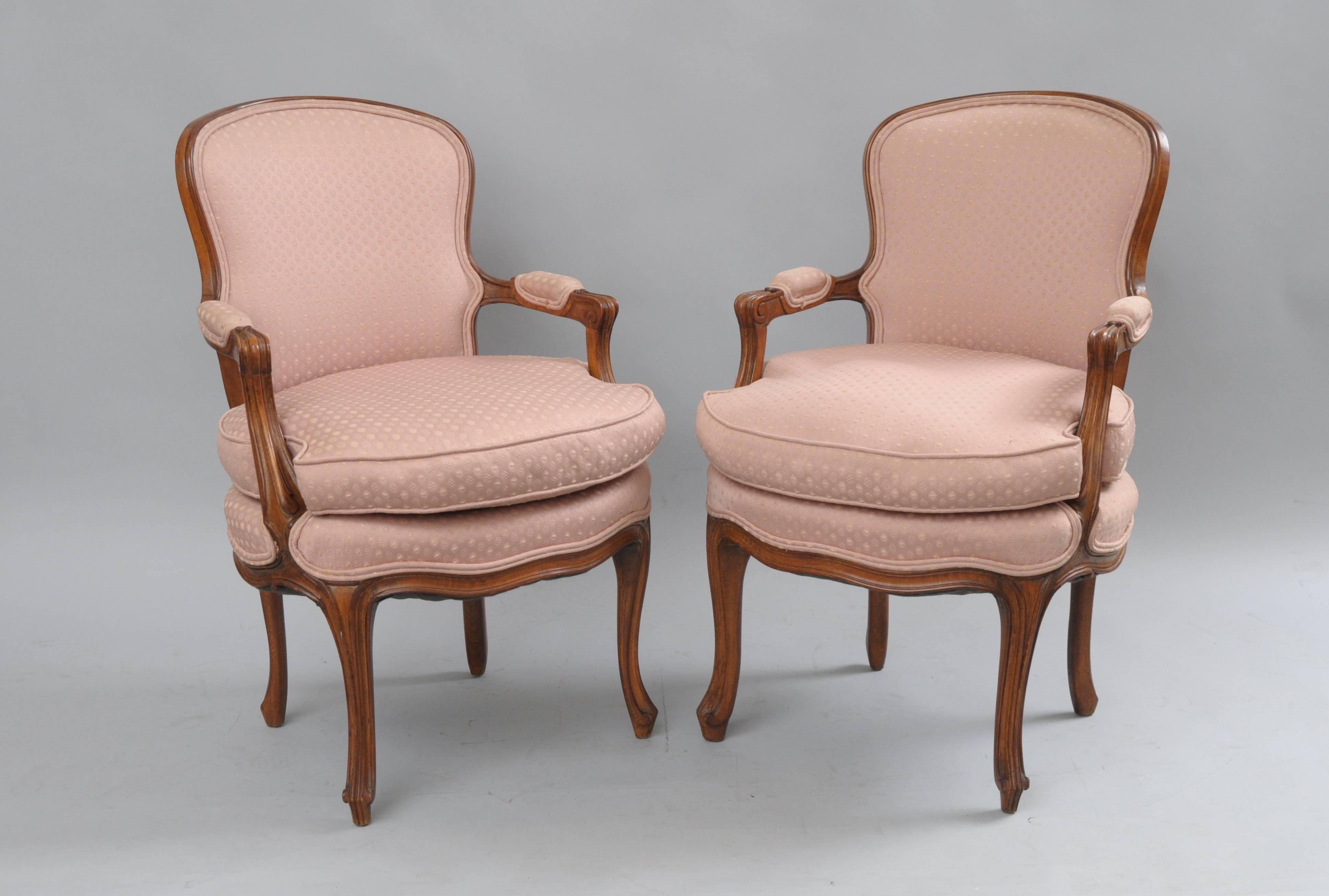  Pair of Country French Provincial Louis XV Style Arm Chairs Pink Carved Walnut 2