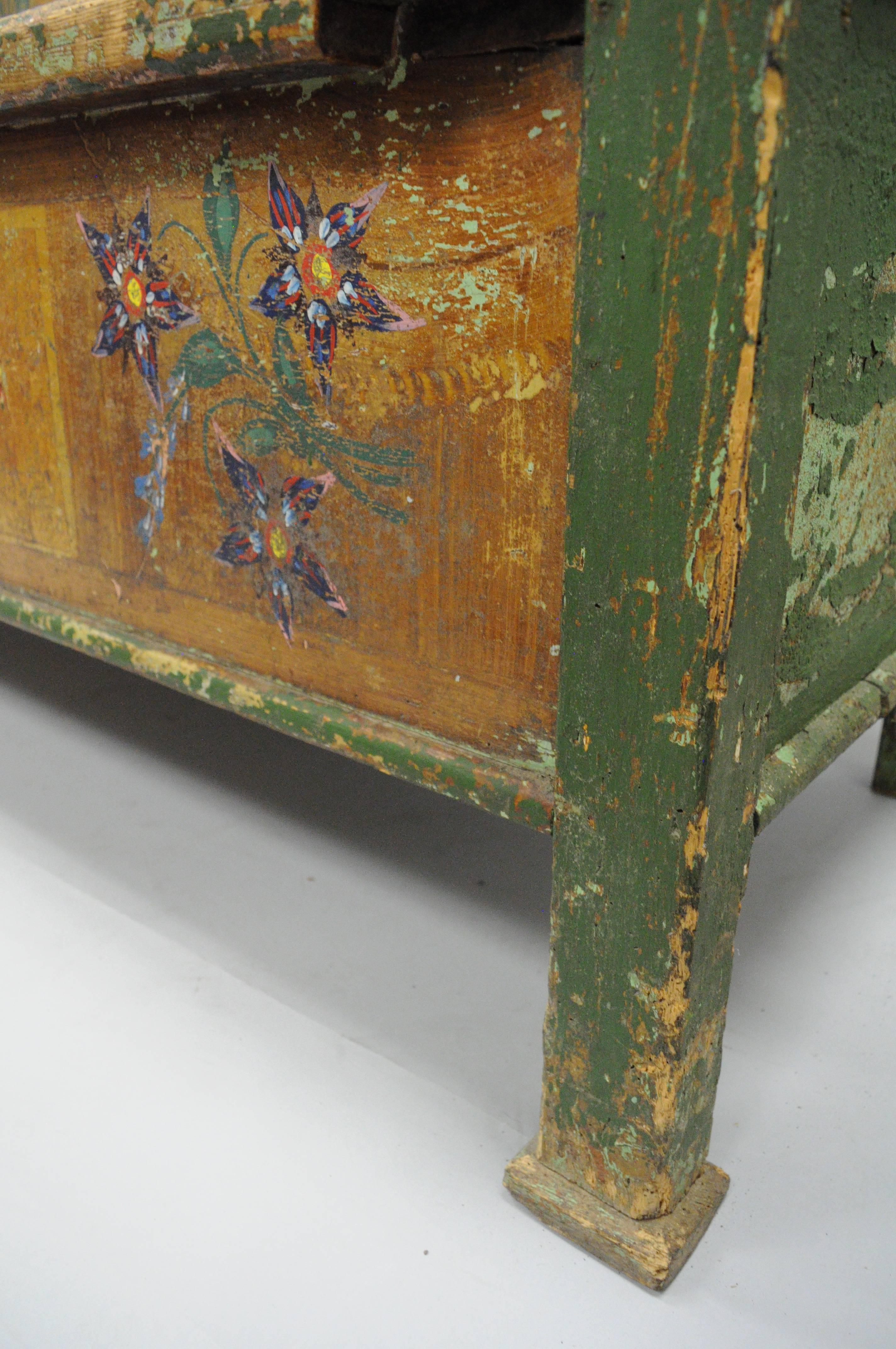 Wood Distressed Painted Green Yellow Bird & Flower Primitive Long Bench Flip Seat