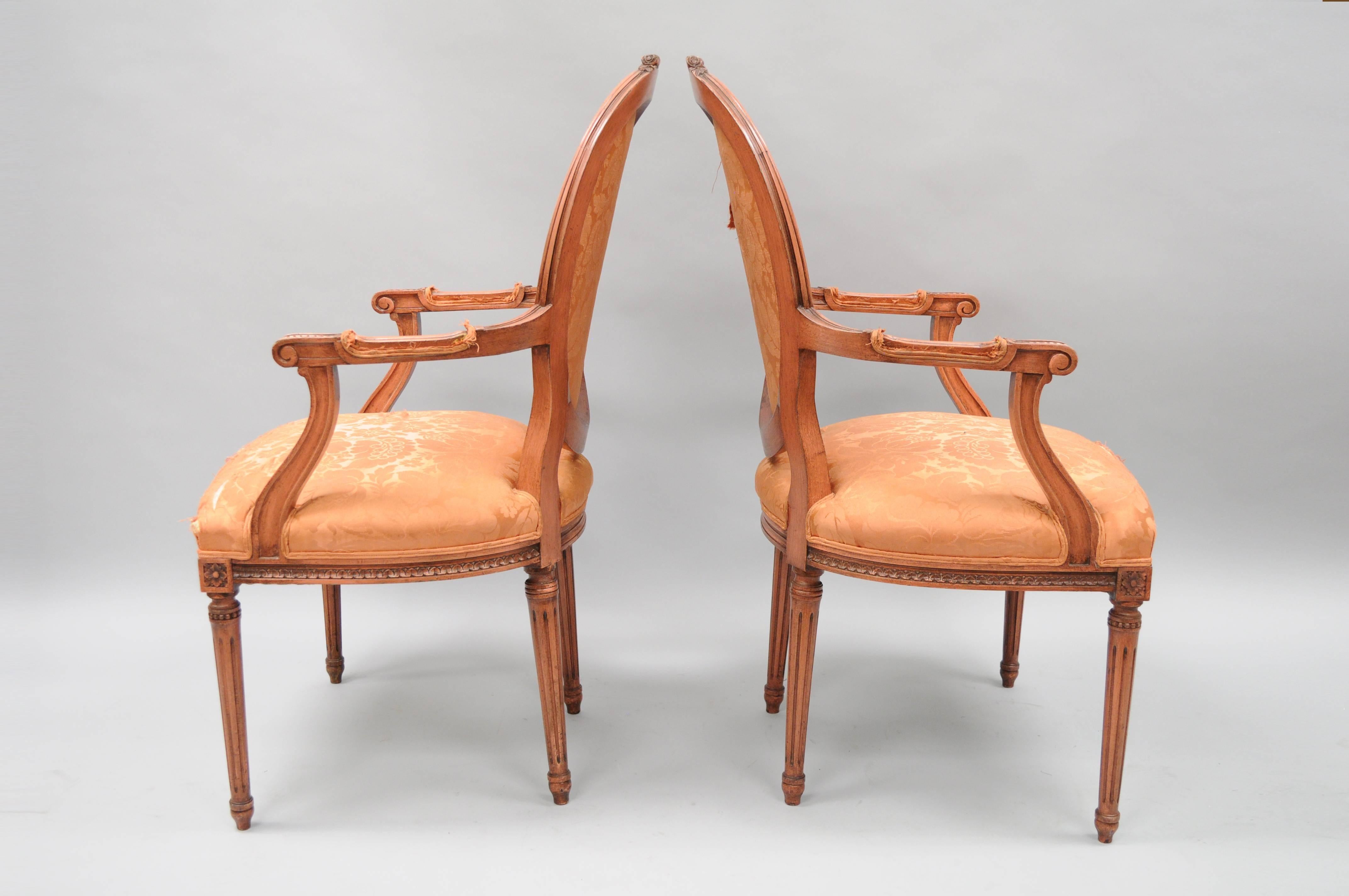 20th Century Pair of French Louis XVI Style Pink Distress Painted Oval Back Dining Arm Chairs For Sale