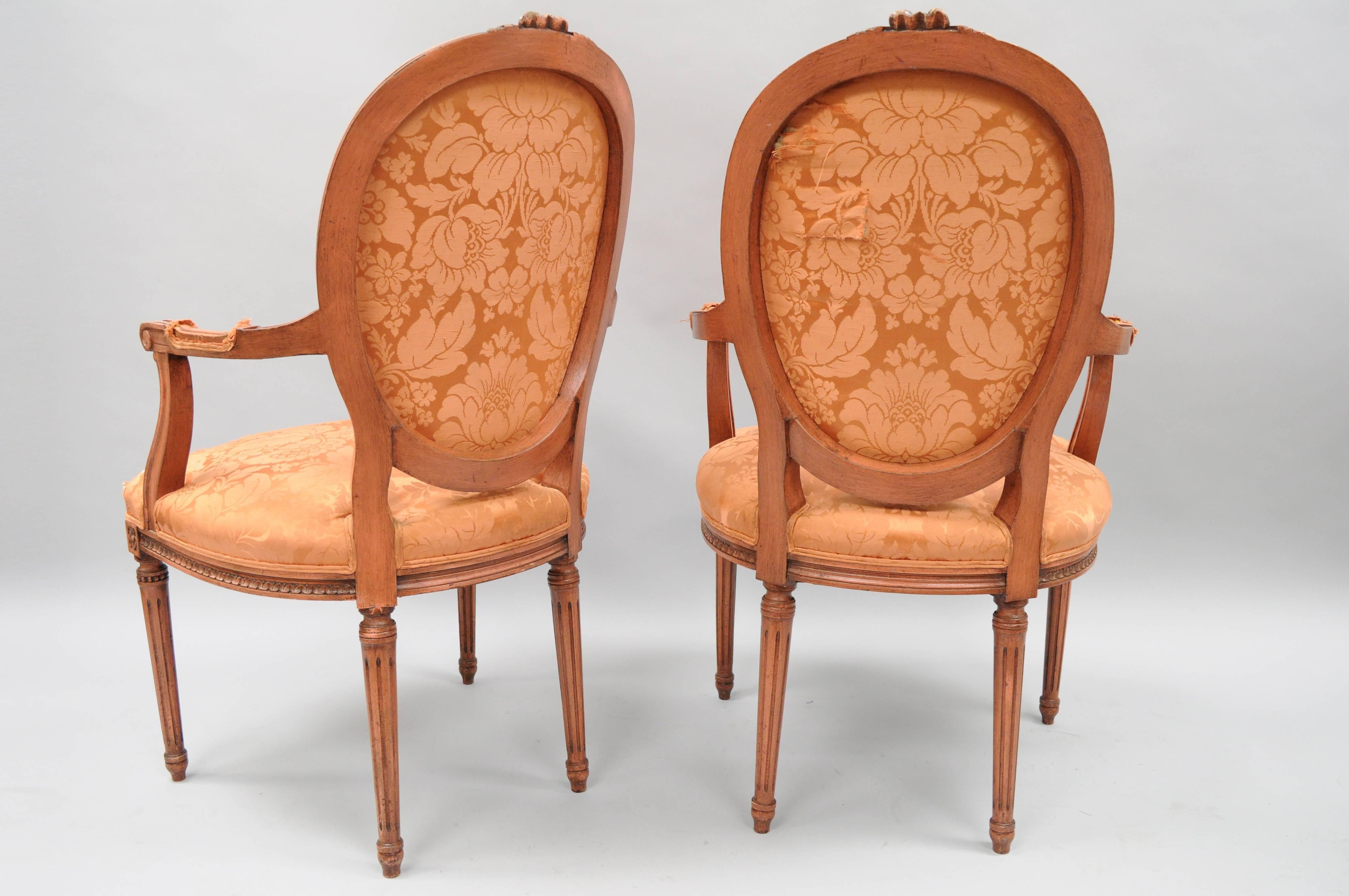 Upholstery Pair of French Louis XVI Style Pink Distress Painted Oval Back Dining Arm Chairs For Sale