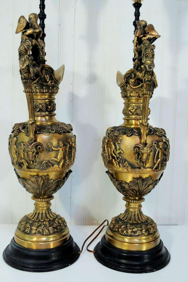 Pair of Figural Cherub & Rams Head French Neoclassical Bronze Ewer Table Lamps 4