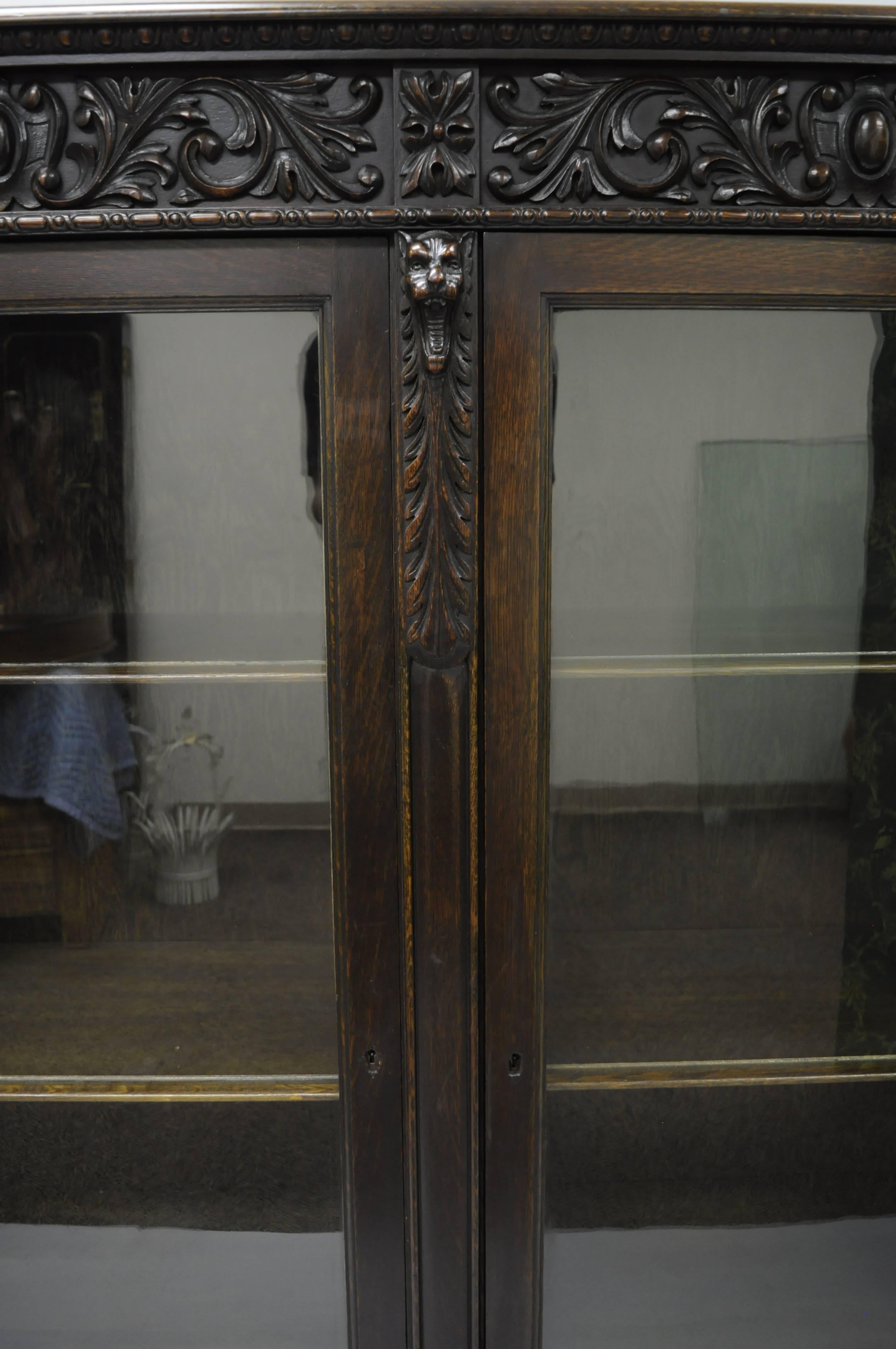 Victorian Oak Three-Door Large Triple Bookcase Carved Figural Gargoyle Faces 2