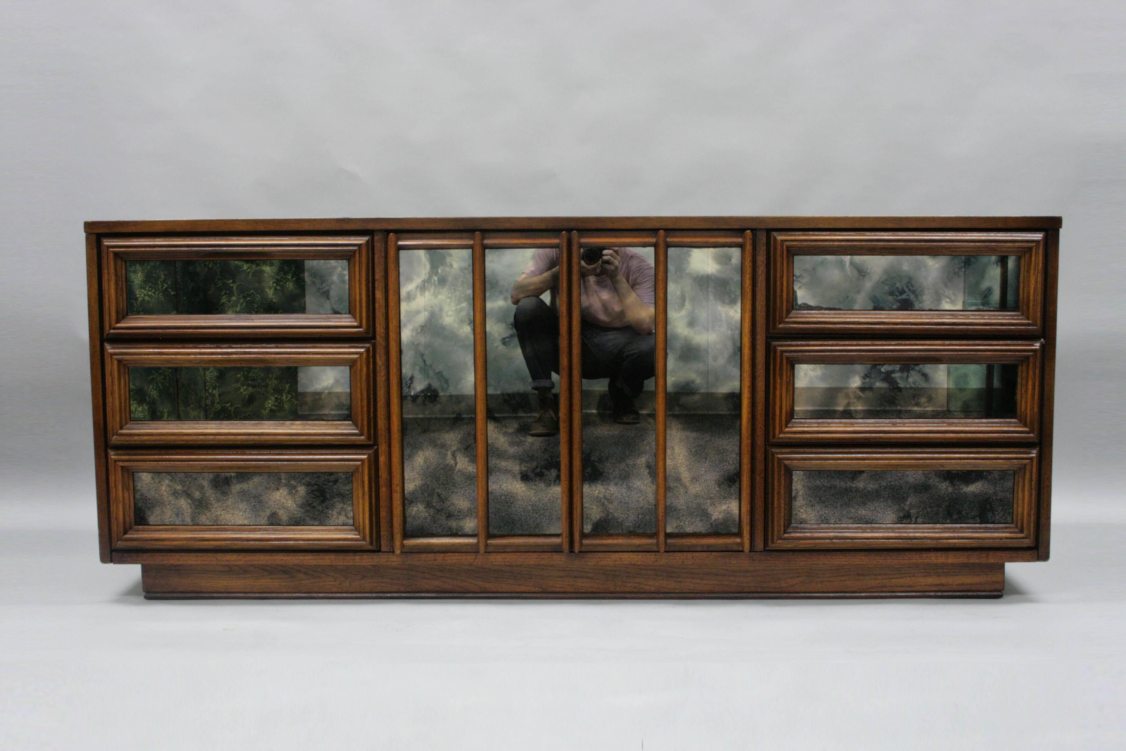 Mid-20th Century Mid-Century Modern Smoked Mirror Dresser Hollywood Regency Credenza Nine Drawers