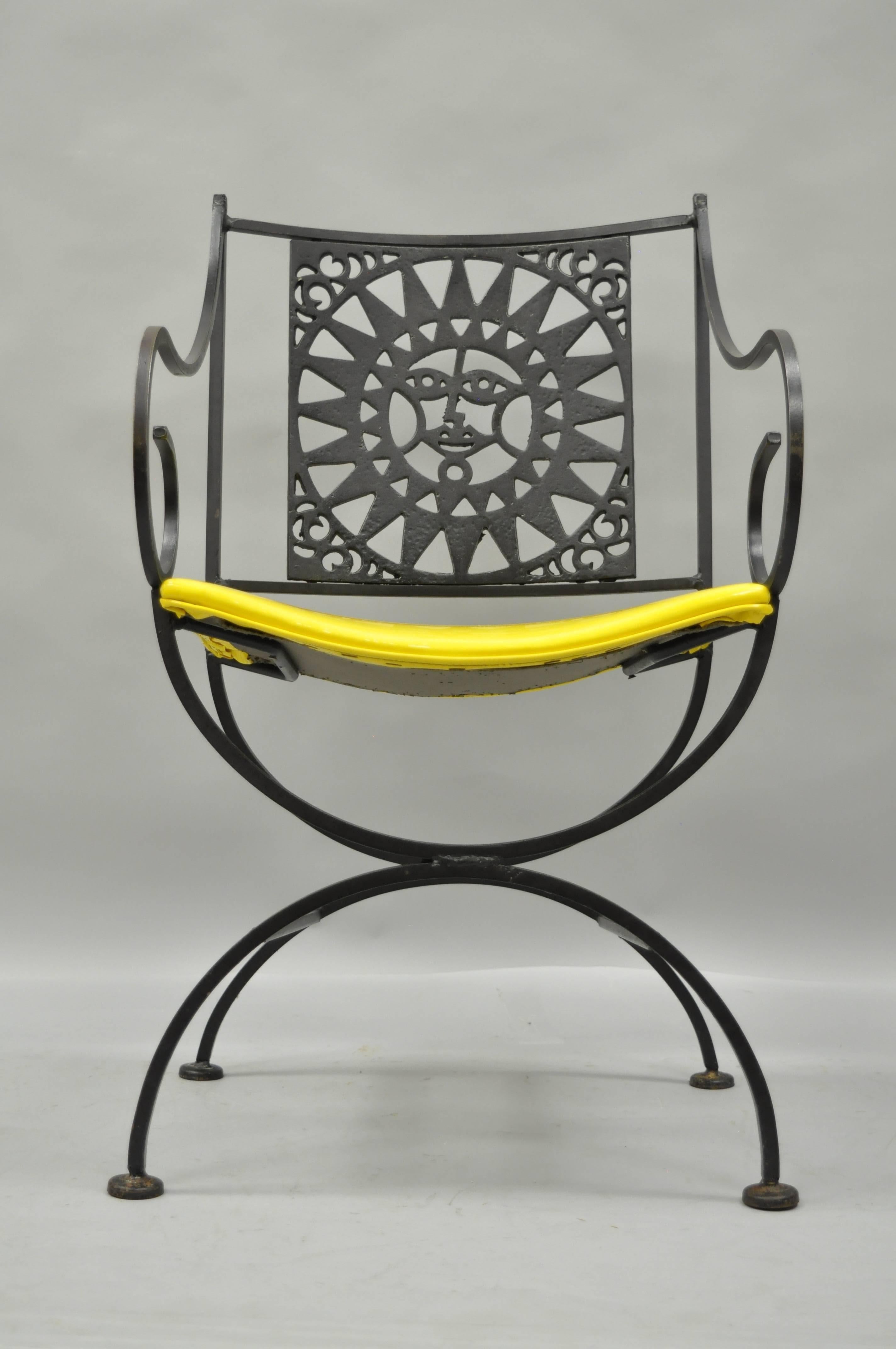 Arthur Umanoff Mayan Sun Wrought Iron Sunburst Directors Armchair Curule Yellow 2