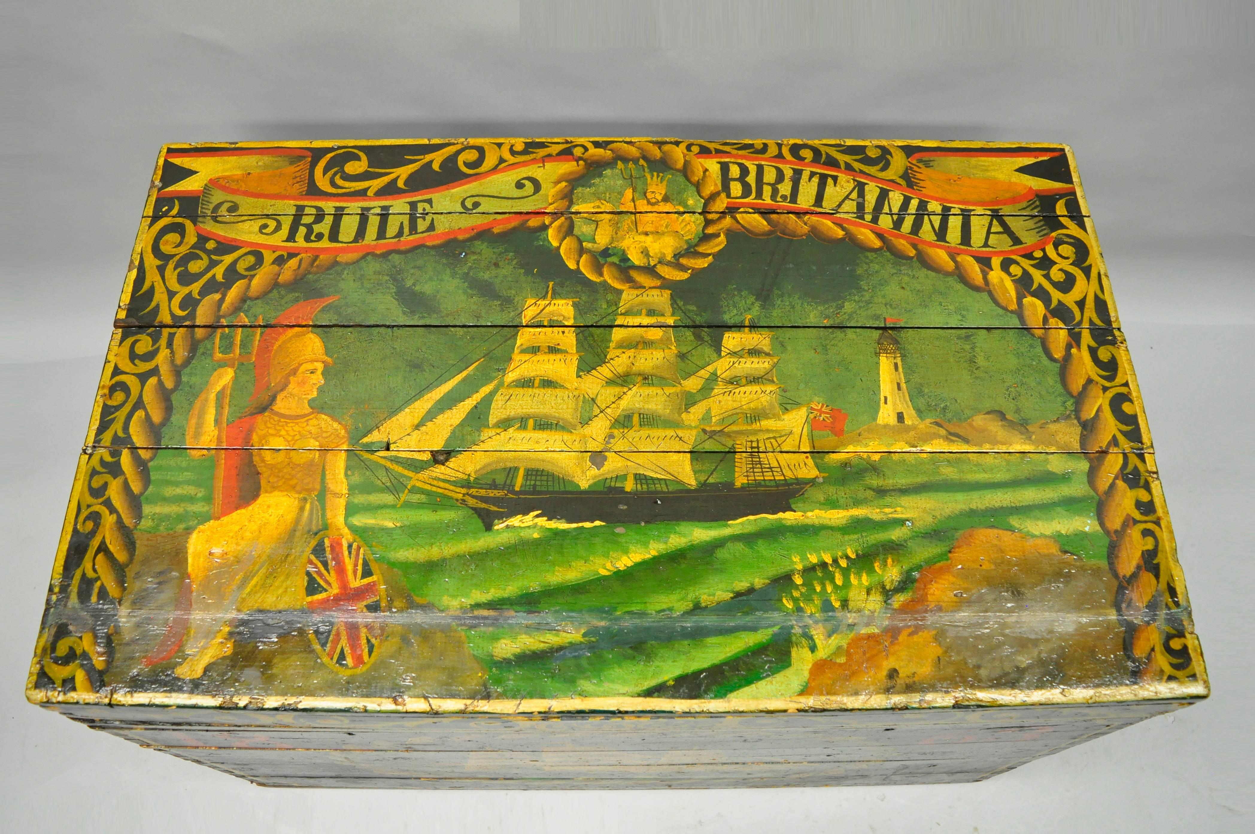 Solid wood English painted trunk with dovetail joinery and depictions of the British tea clipper ship Taitsing. Trunk is finished in green, gold, and red with the top, face, and sides having various depictions and text. 
Top reads 