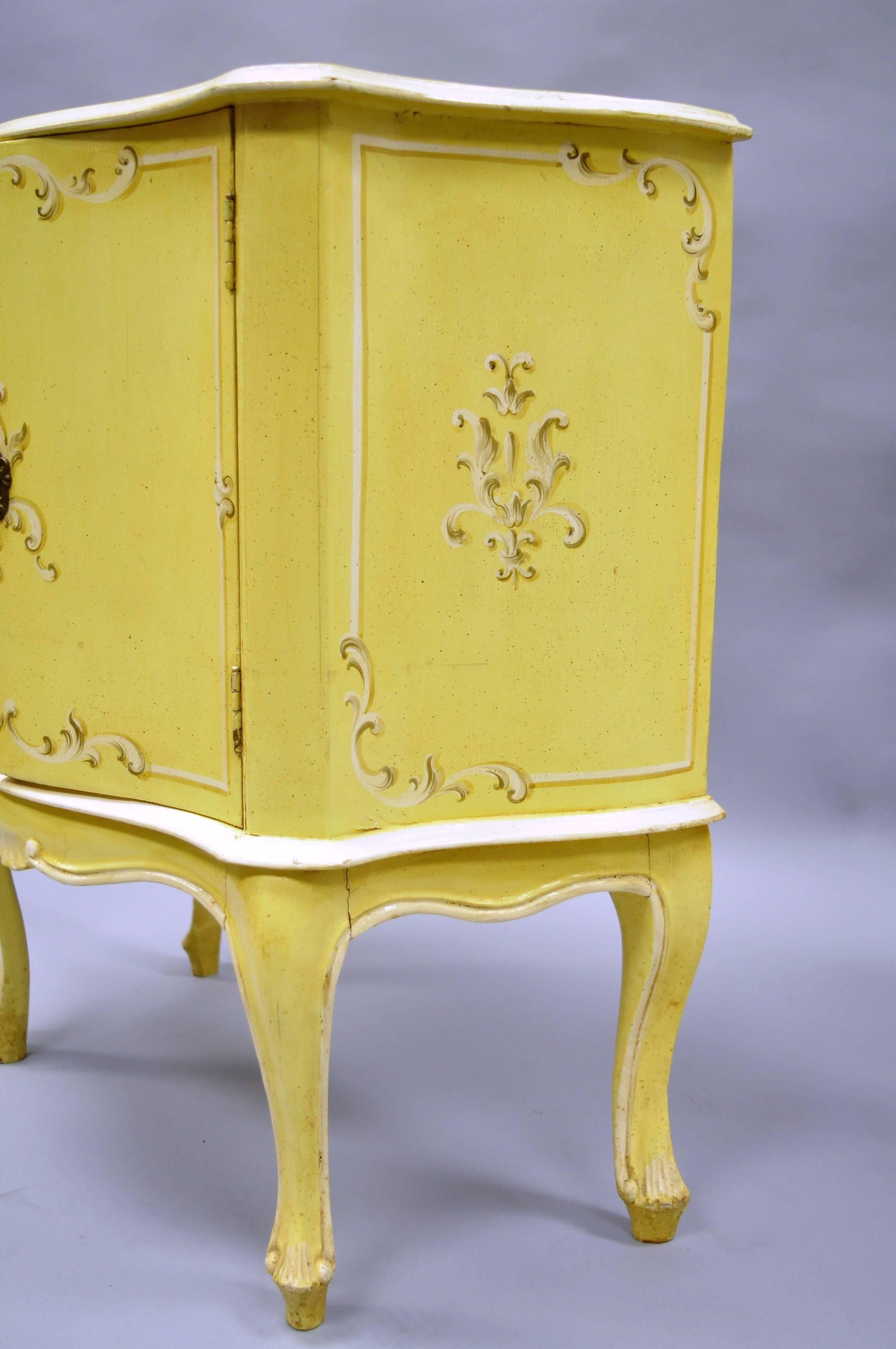 Pair of Small Italian Florentine Yellow Floral Painted Bombe Commode Side Chest 1