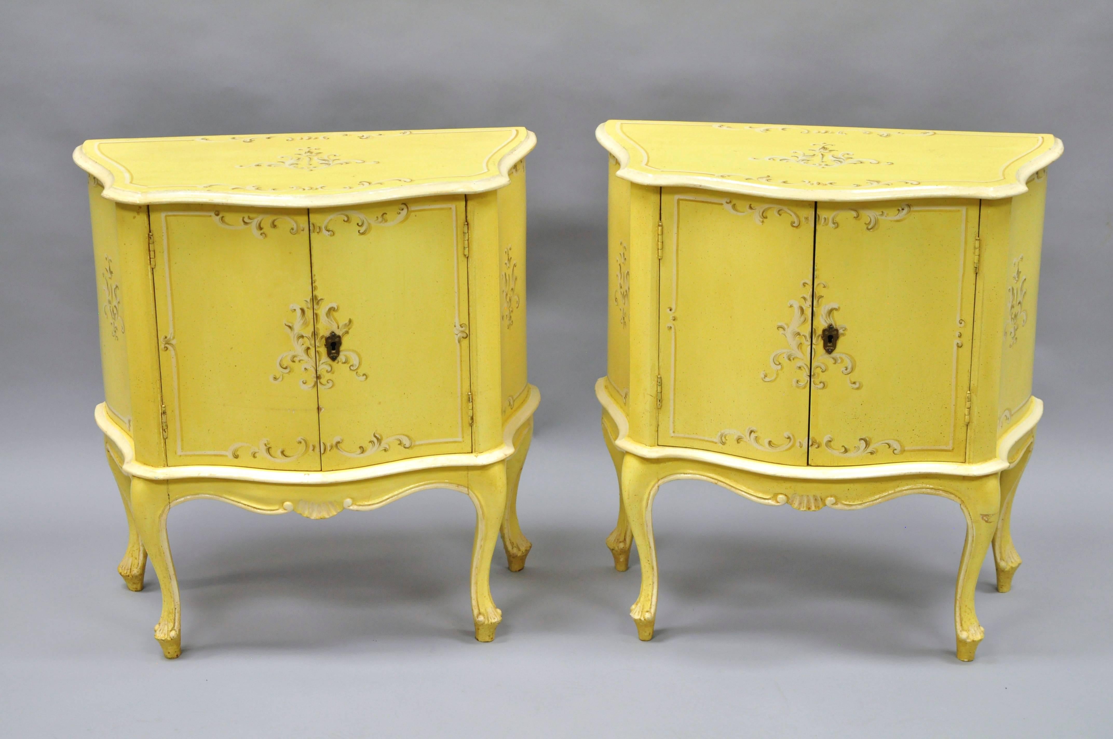 Pair of Small Italian Florentine Yellow Floral Painted Bombe Commode Side Chest 2