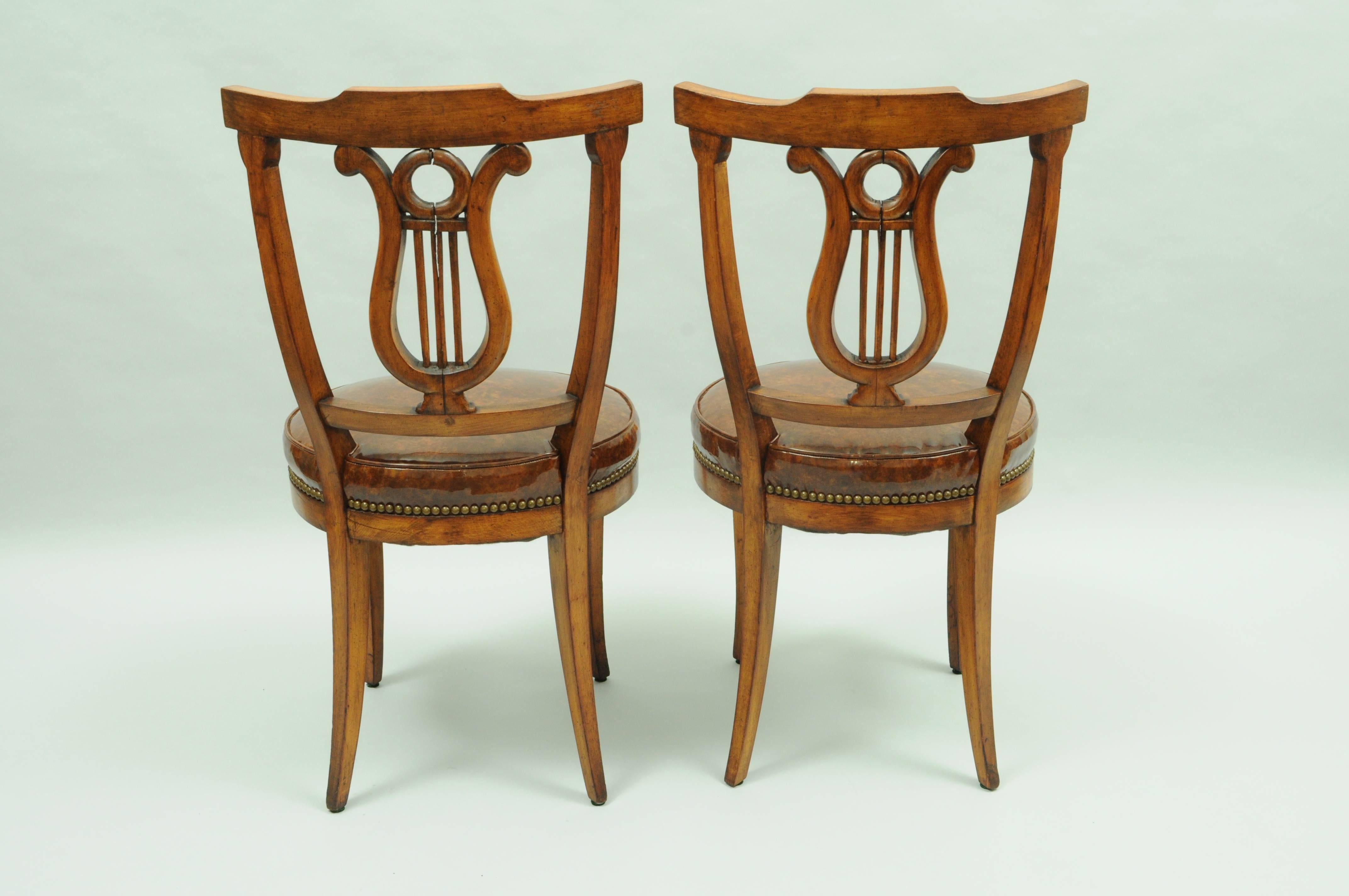 Wood Set of Four Carved Harp Lyre Back Regency Neoclassical Style Dining Side Chairs