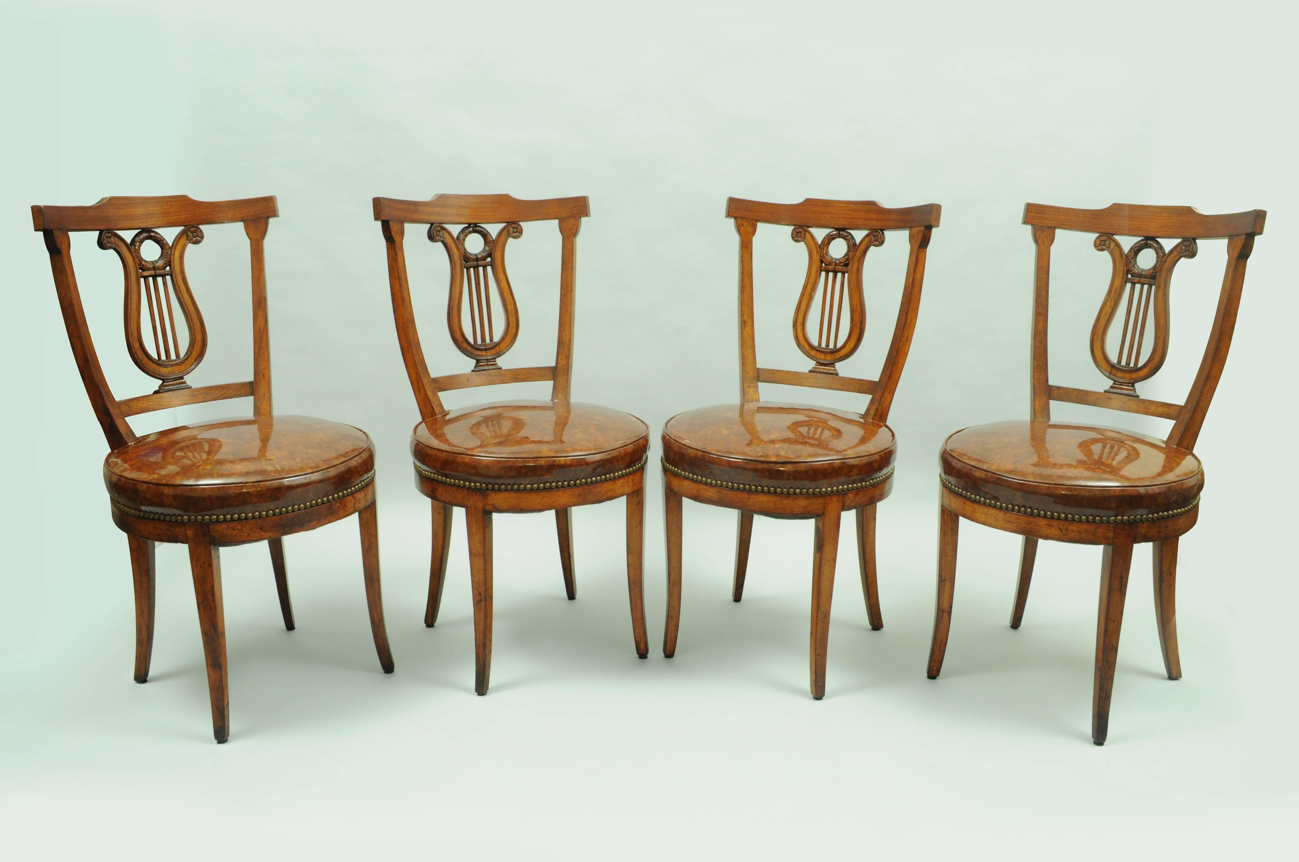 Set of Four Carved Harp Lyre Back Regency Neoclassical Style Dining Side Chairs 1
