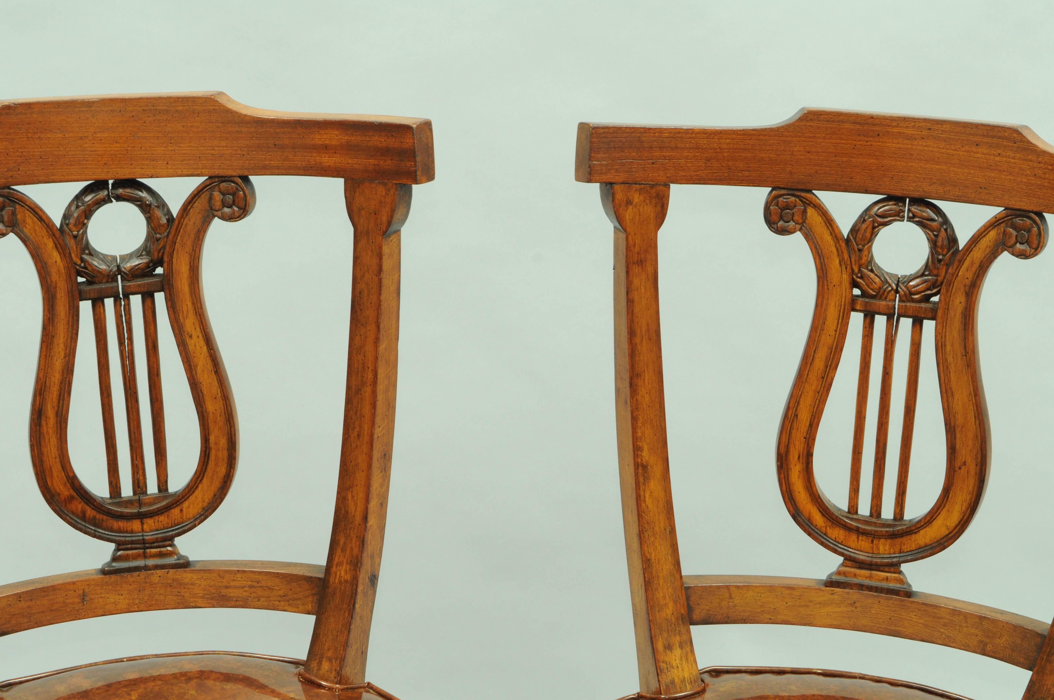 American Set of Four Carved Harp Lyre Back Regency Neoclassical Style Dining Side Chairs