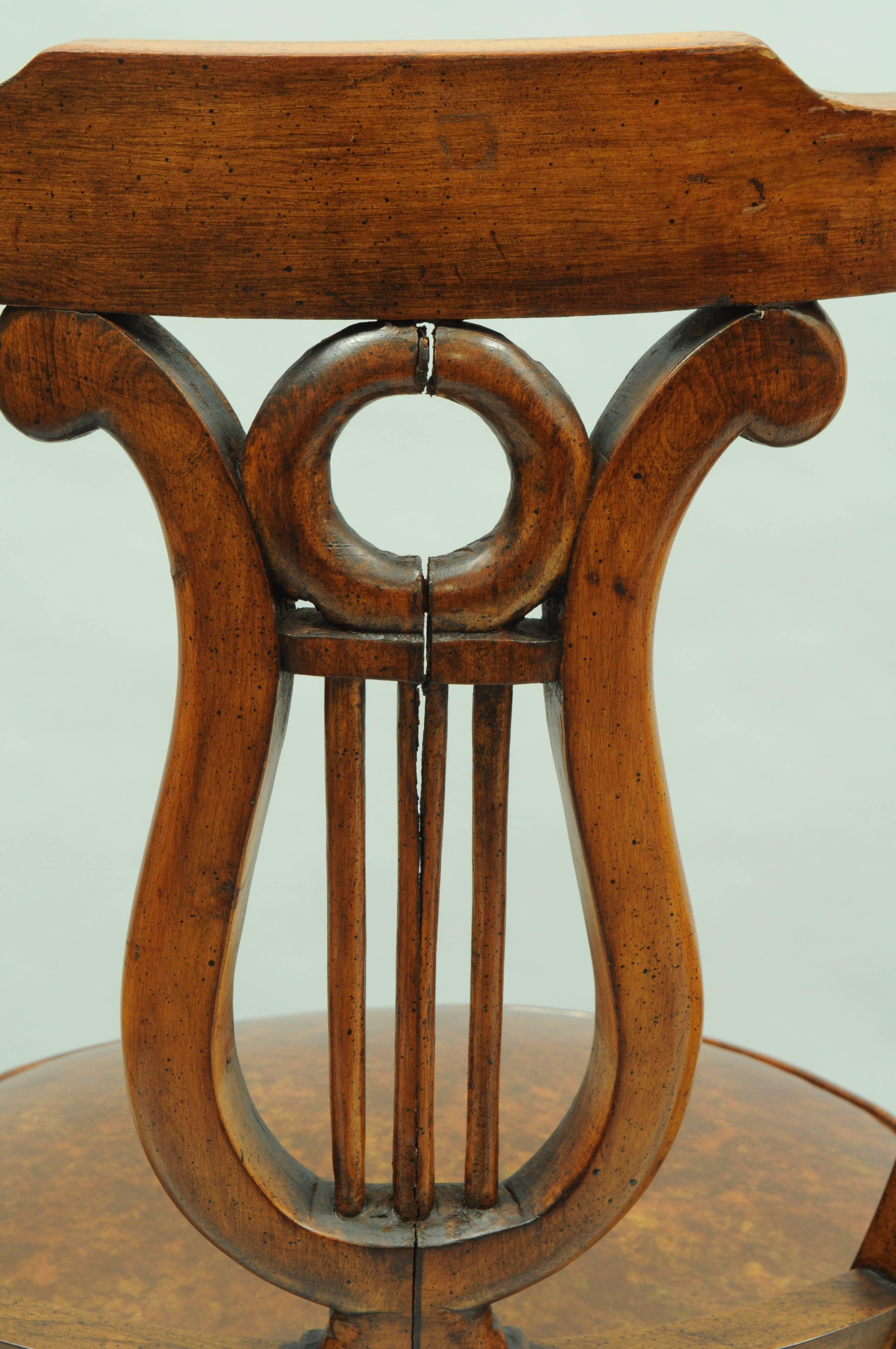 Mid-20th Century Set of Four Carved Harp Lyre Back Regency Neoclassical Style Dining Side Chairs