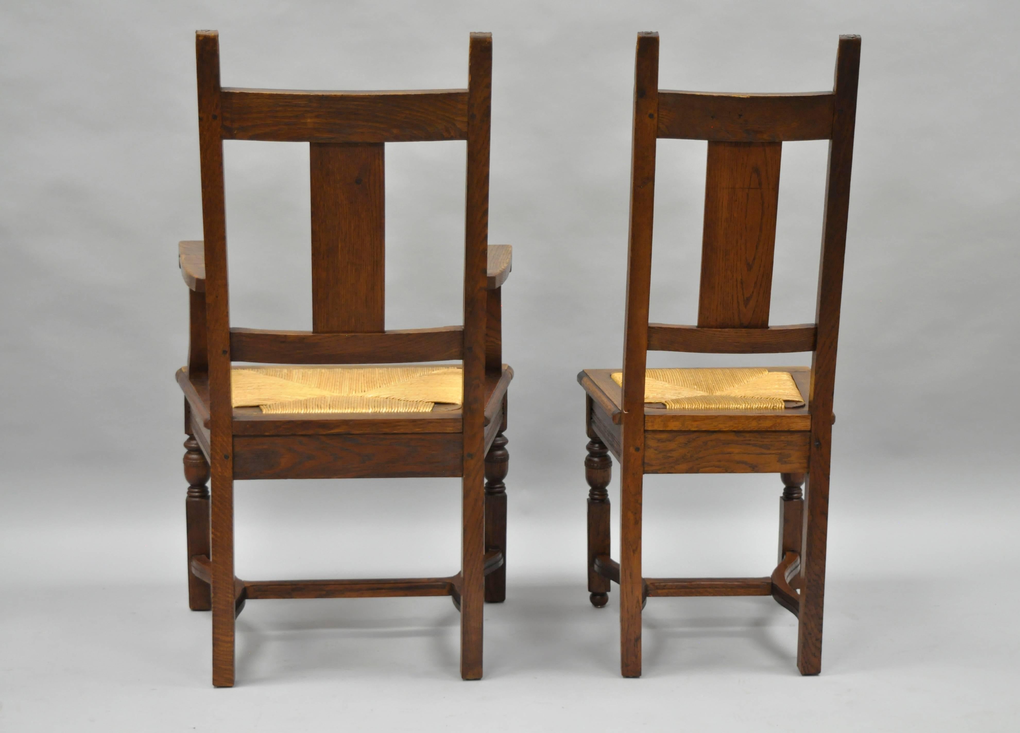Set of 8 William & Mary Renaissance Jacobean Revival Oak Dining Chairs Rush Seat 2