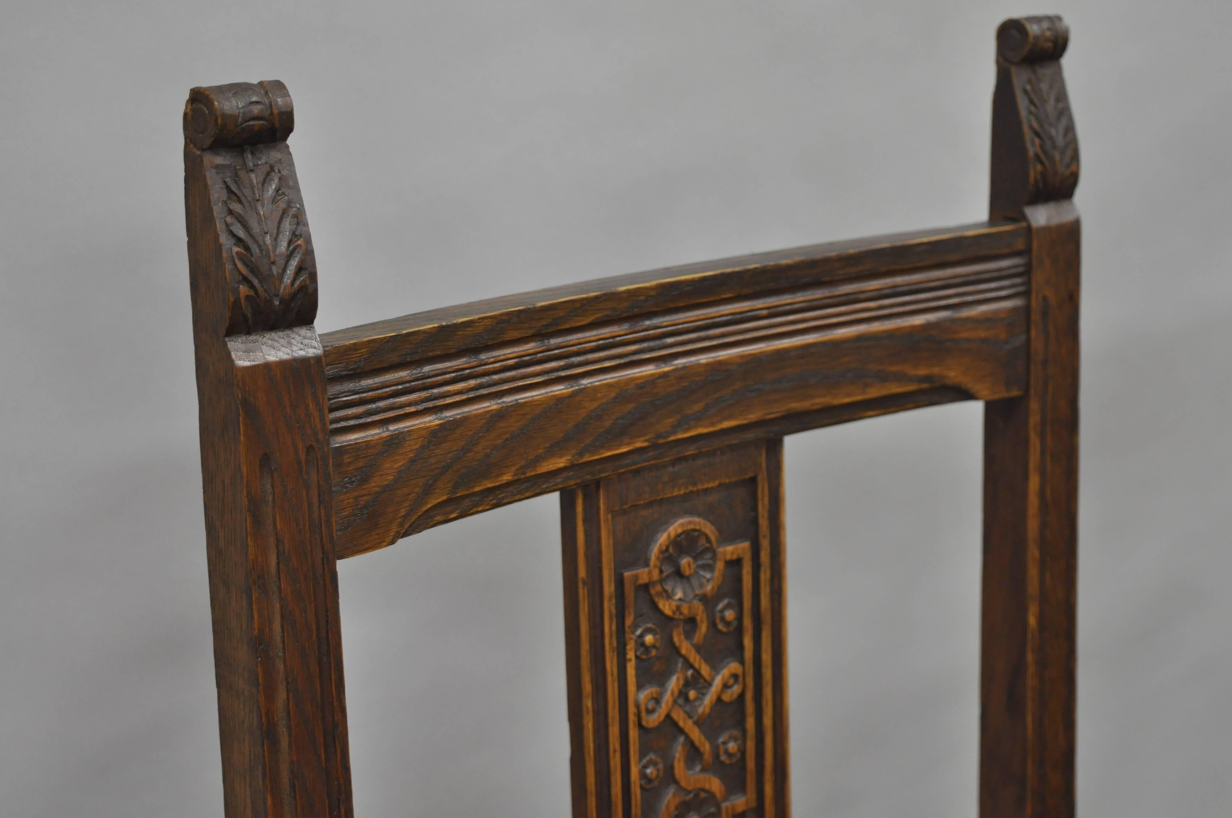 European Set of 8 William & Mary Renaissance Jacobean Revival Oak Dining Chairs Rush Seat