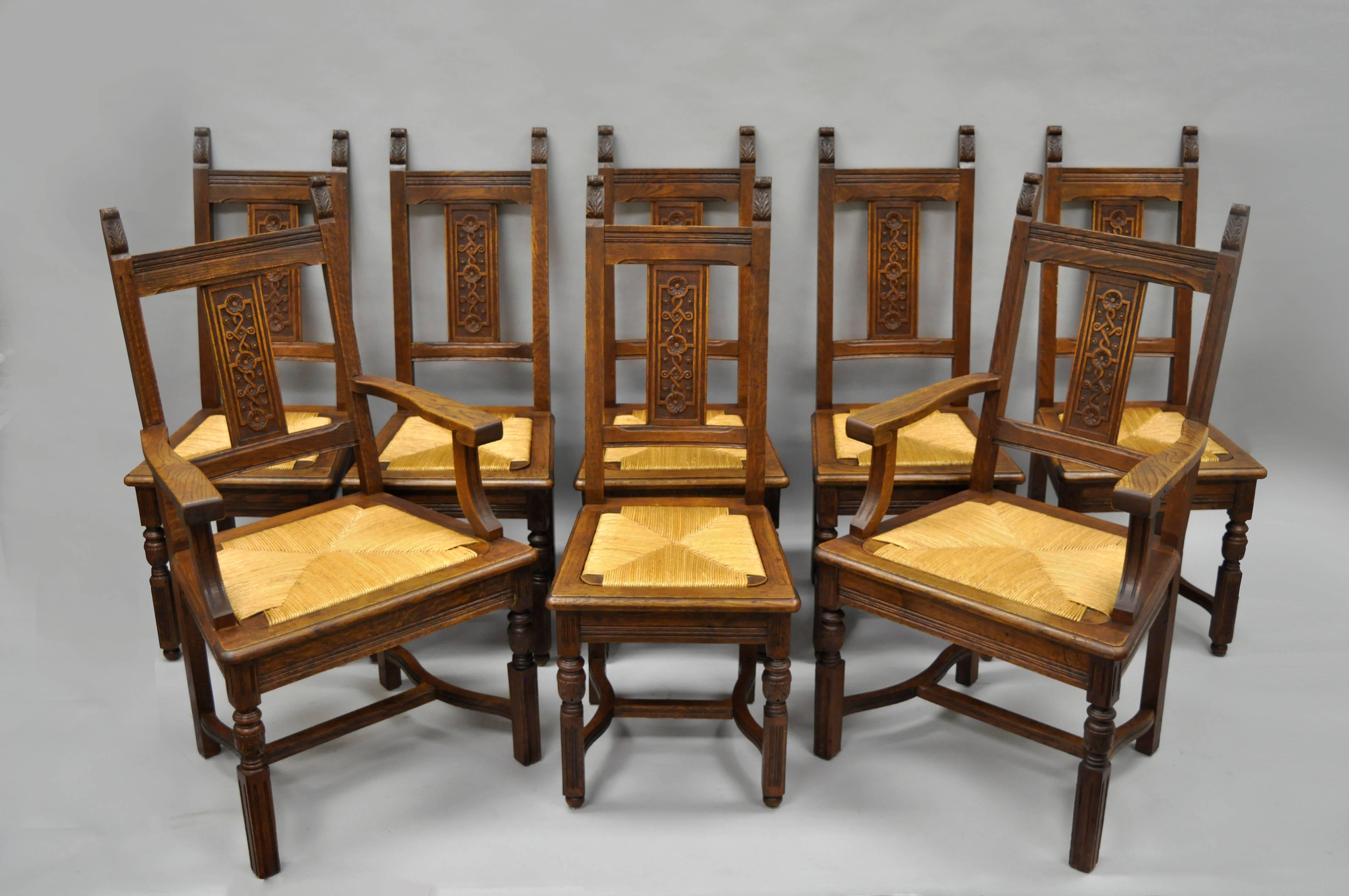 Set of 8 William & Mary Renaissance Jacobean Revival Oak Dining Chairs Rush Seat 3