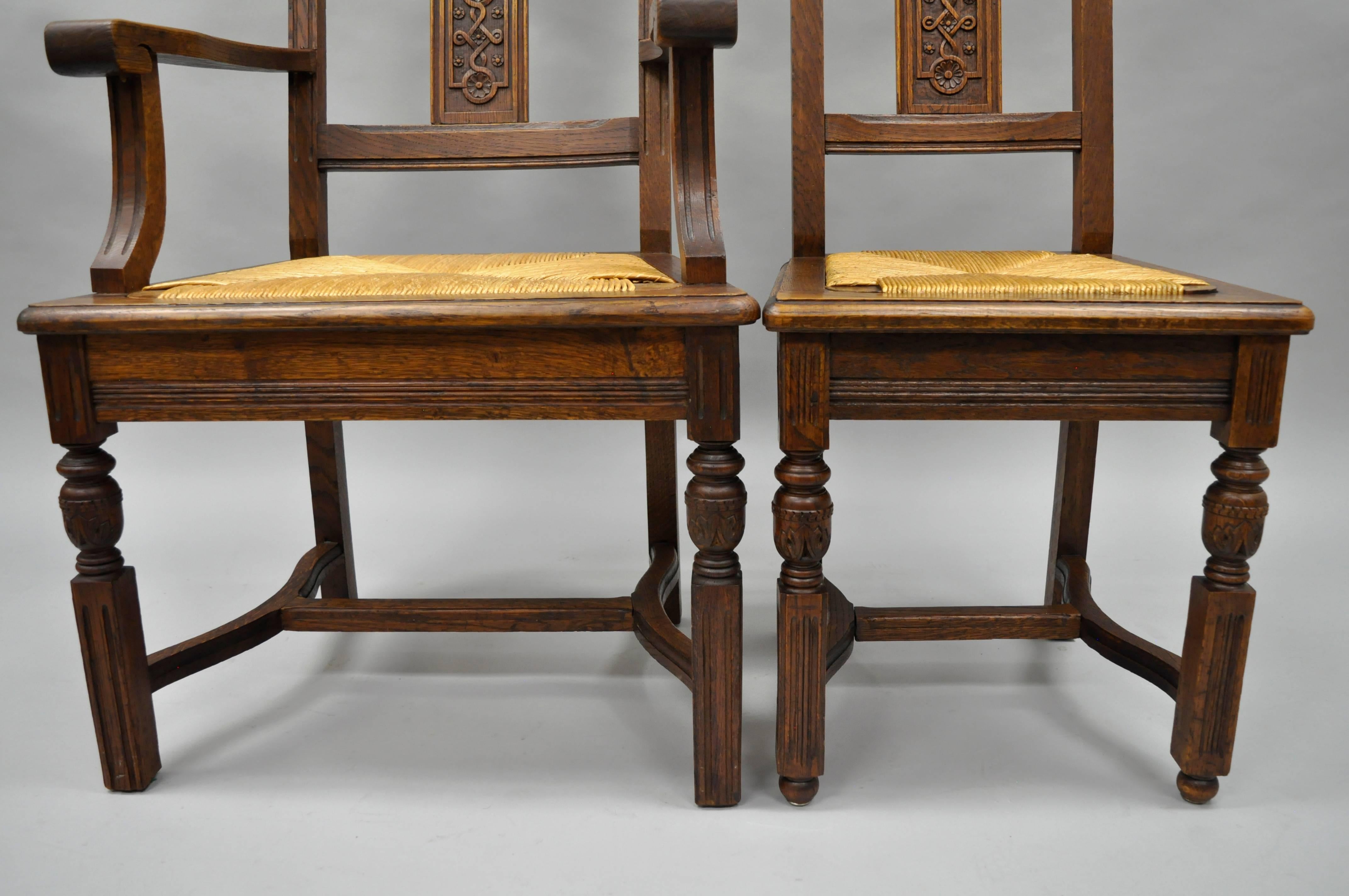 Set of 8 William & Mary Renaissance Jacobean Revival Oak Dining Chairs Rush Seat 1