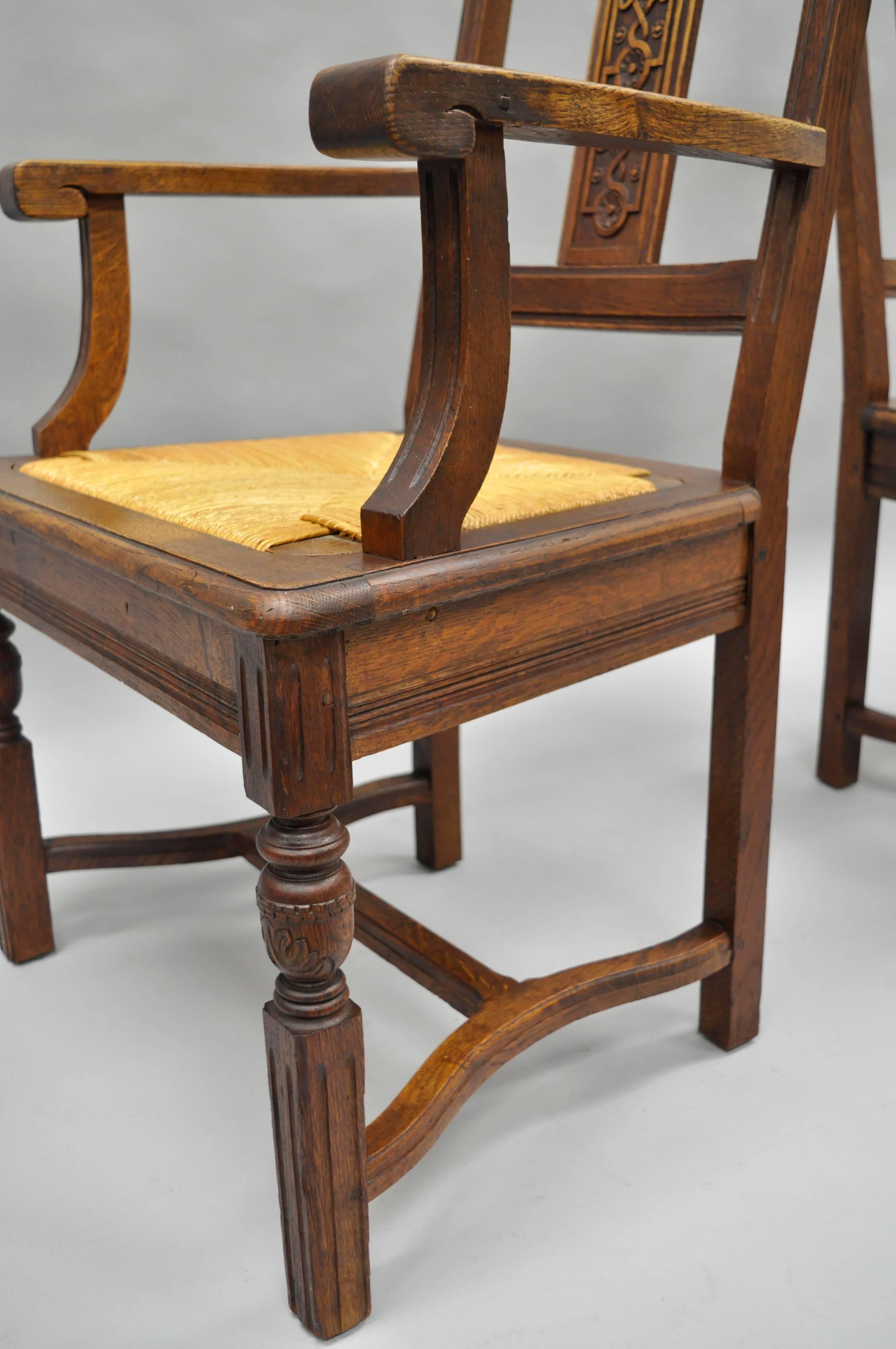 20th Century Set of 8 William & Mary Renaissance Jacobean Revival Oak Dining Chairs Rush Seat