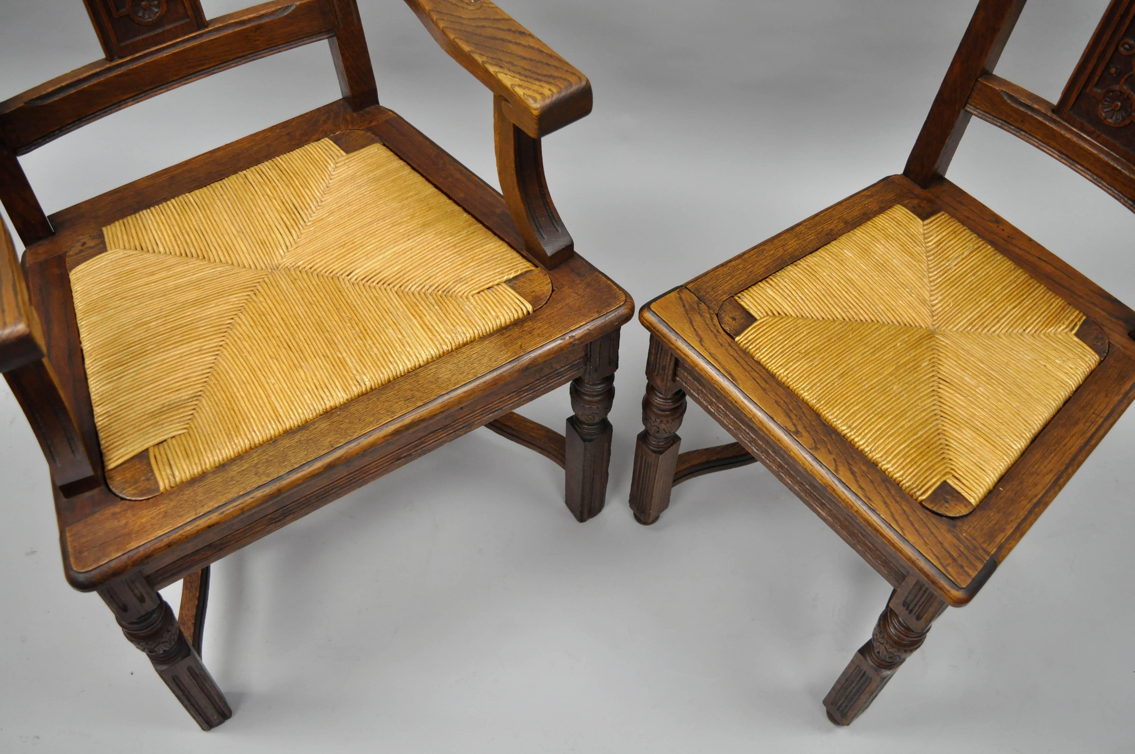 Set of 8 William & Mary Renaissance Jacobean Revival Oak Dining Chairs Rush Seat In Good Condition In Philadelphia, PA