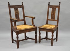 Set of 8 William & Mary Renaissance Jacobean Revival Oak Dining Chairs Rush Seat
