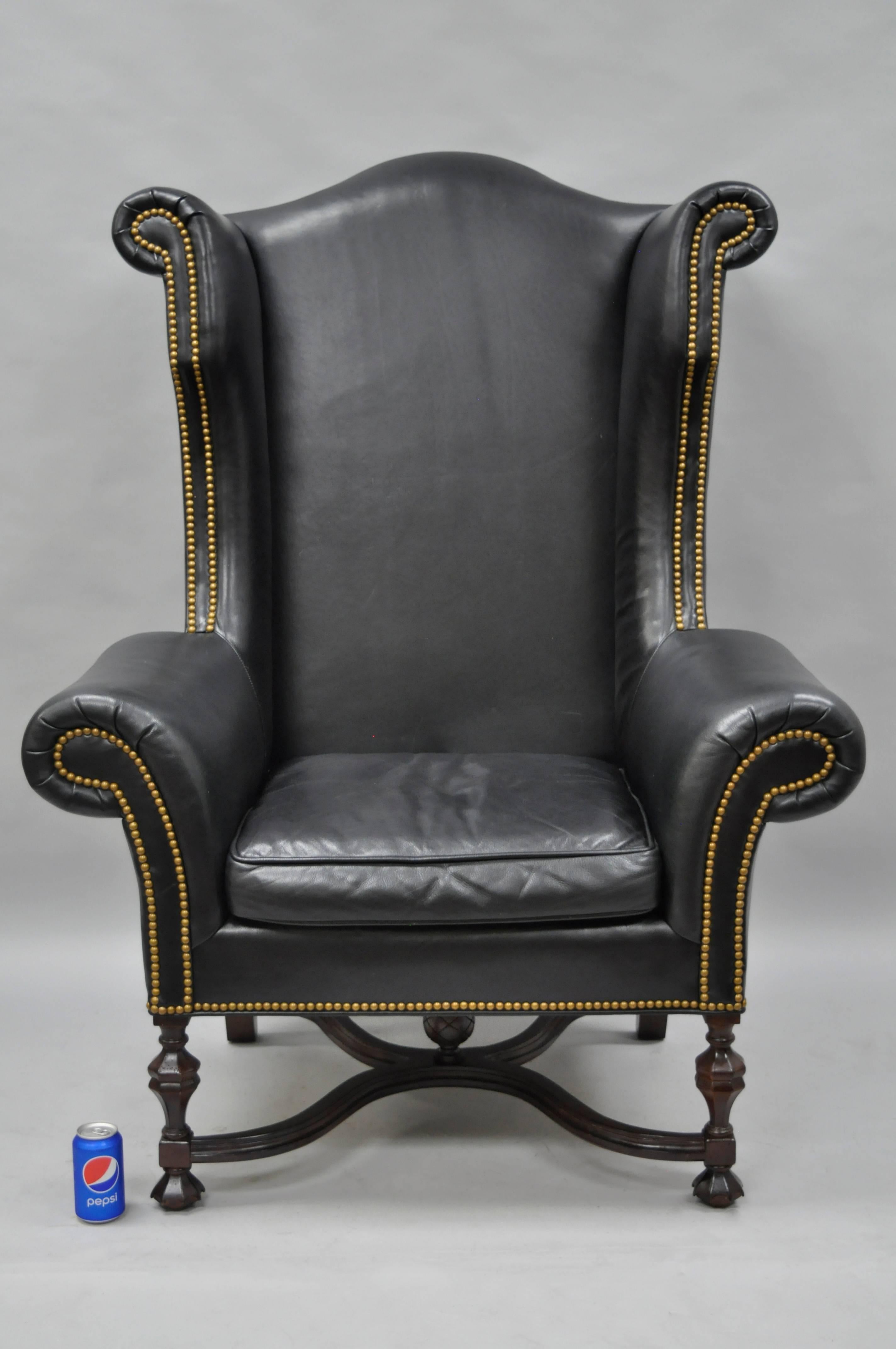 Lee Jofa Oversized Large William and Mary Black Leather Wing Back Library Chair 1
