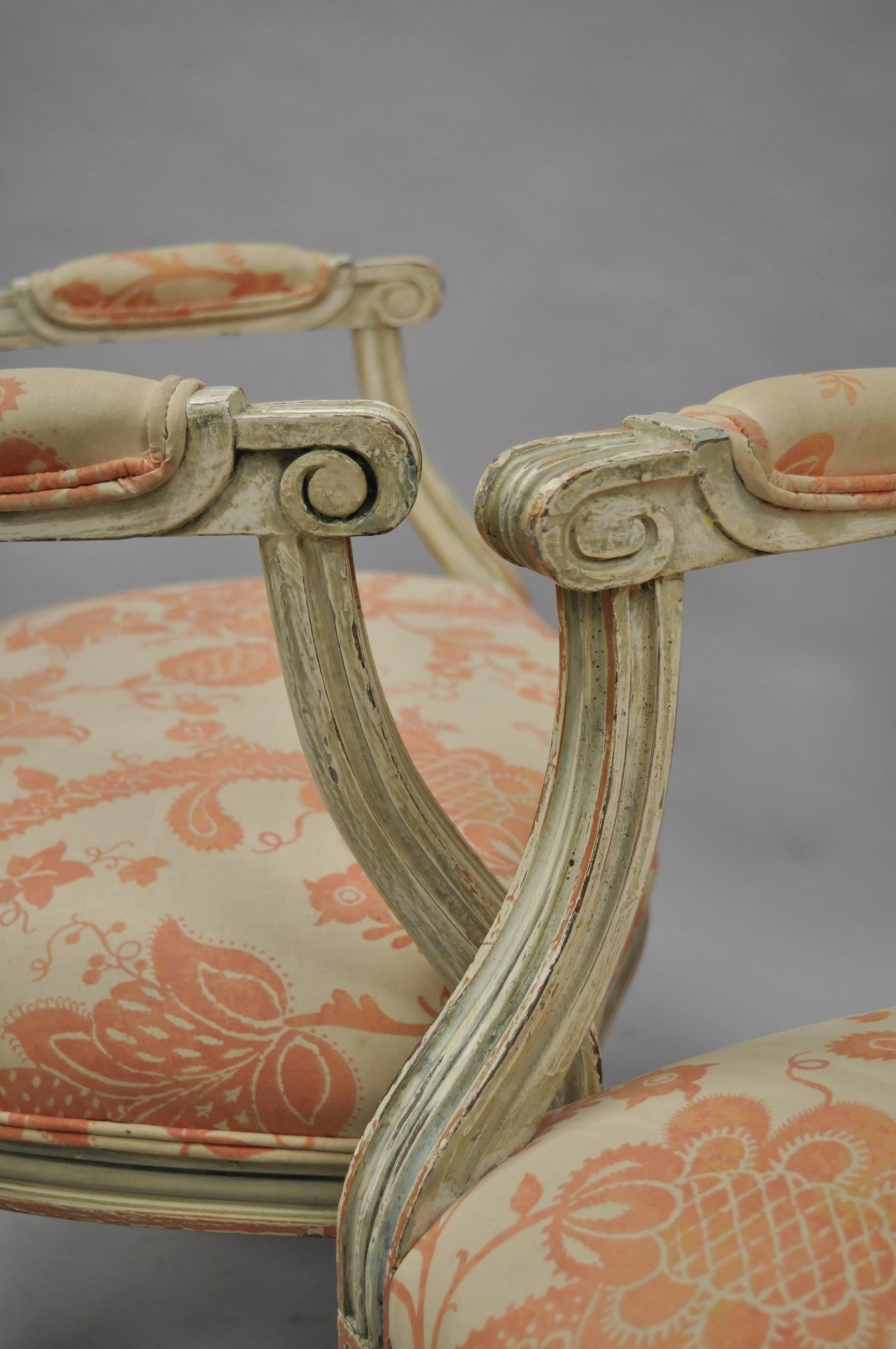 Early 20th Century Pair French Louis XVI Cream Peach Green Distress Painted Fauteuil Arm Chairs