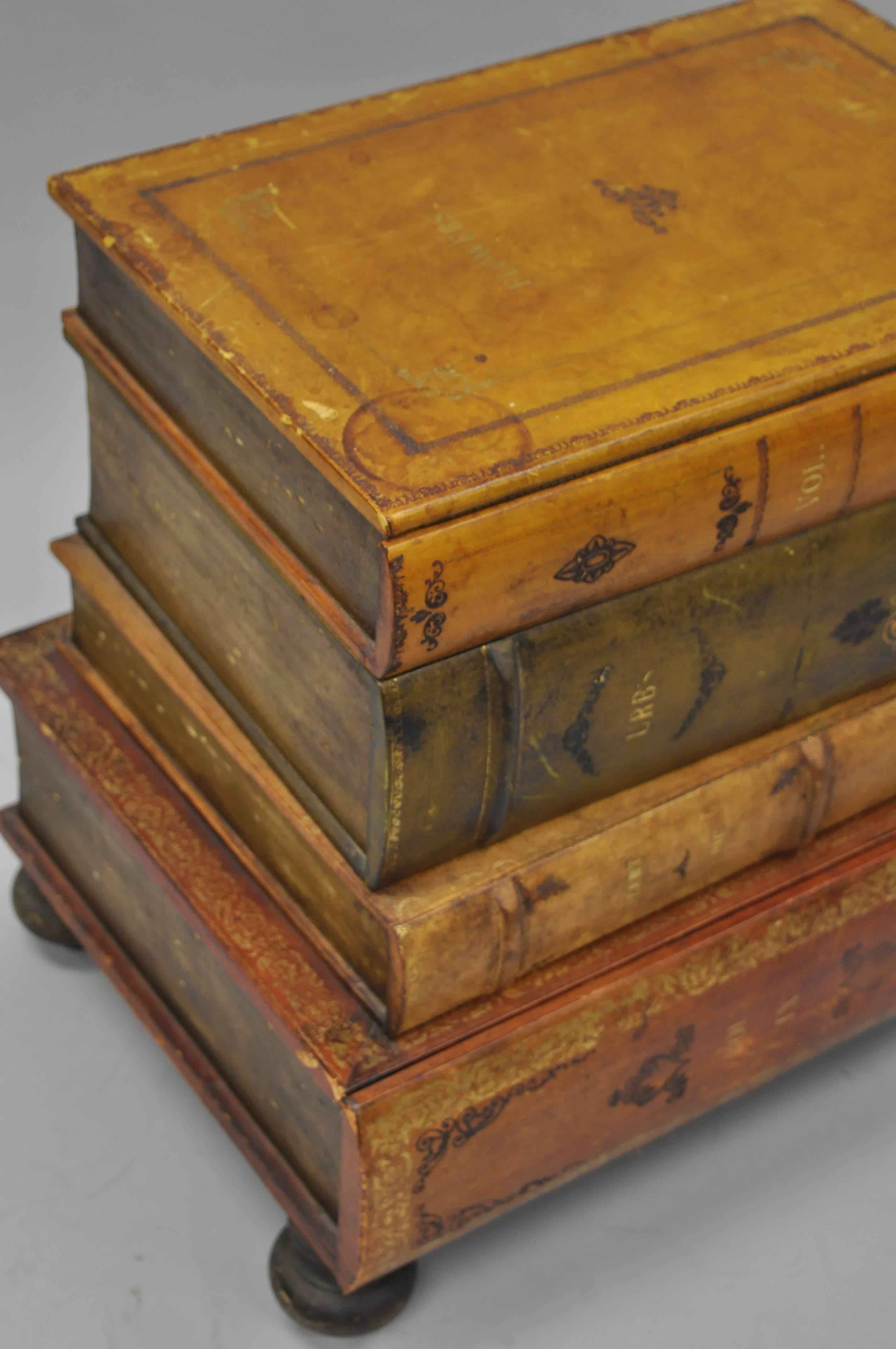 Vintage Sarreid Italian Florentine Leather Stacked Book Form Side Table Cabinet In Distressed Condition In Philadelphia, PA