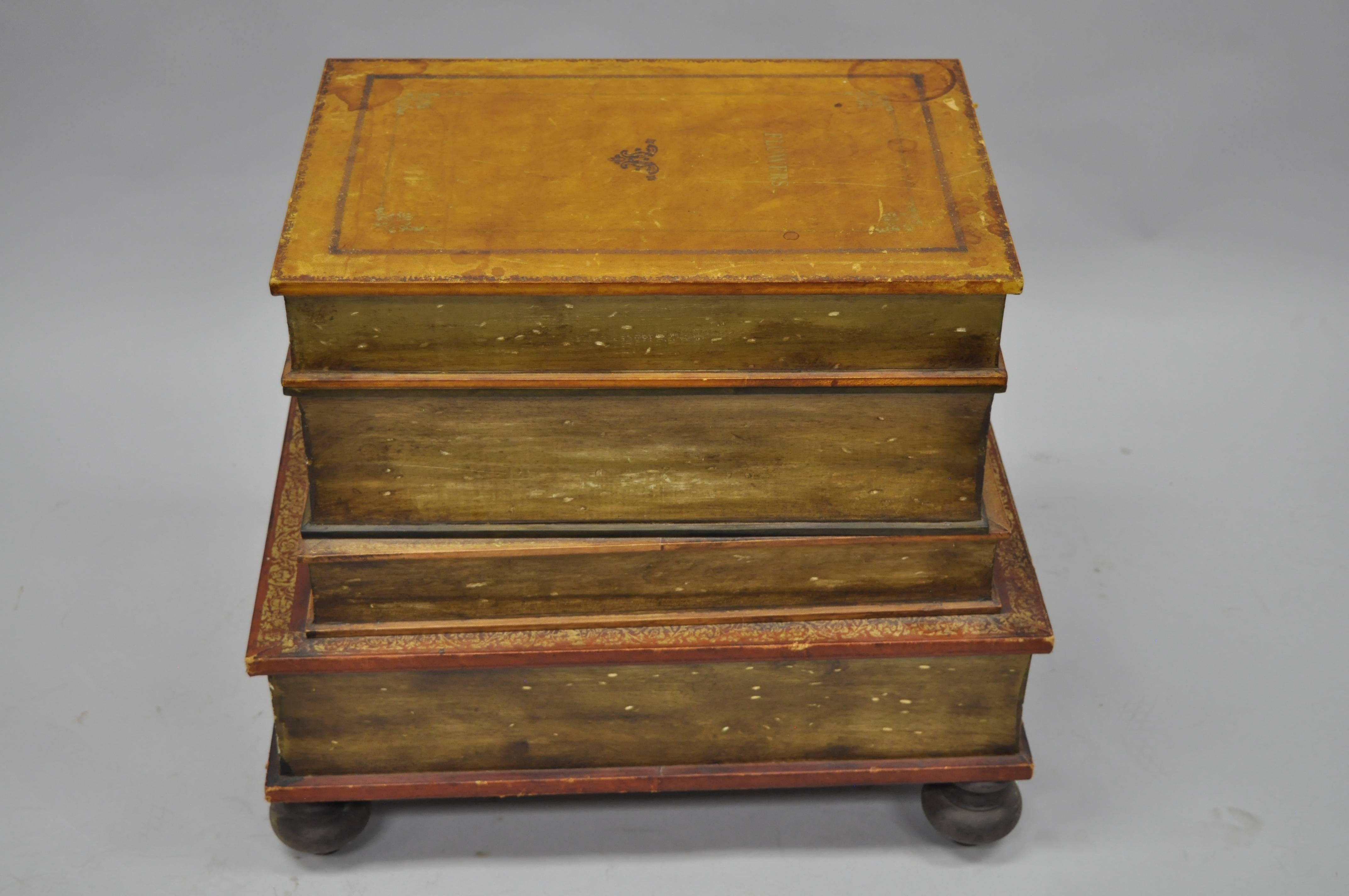 Vintage Sarreid Italian Florentine Leather Stacked Book Form Side Table Cabinet 2