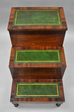 Antique English Regency Mahogany Green Leather Bed Steps Library Side Table