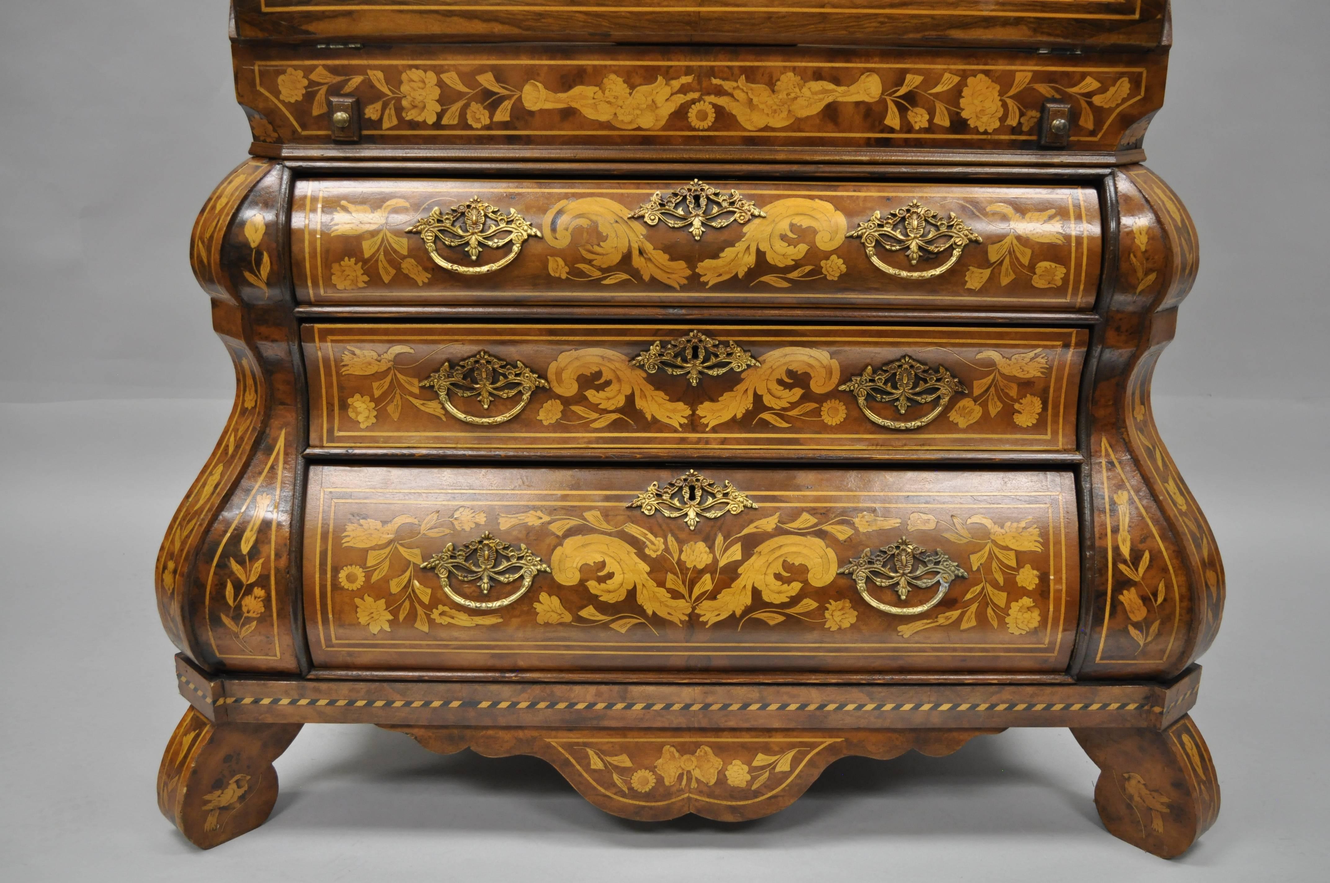 Dutch Marquetry Style Inlaid Double Bonnet Top Secretary Desk Bookcase Cabinet In Good Condition In Philadelphia, PA