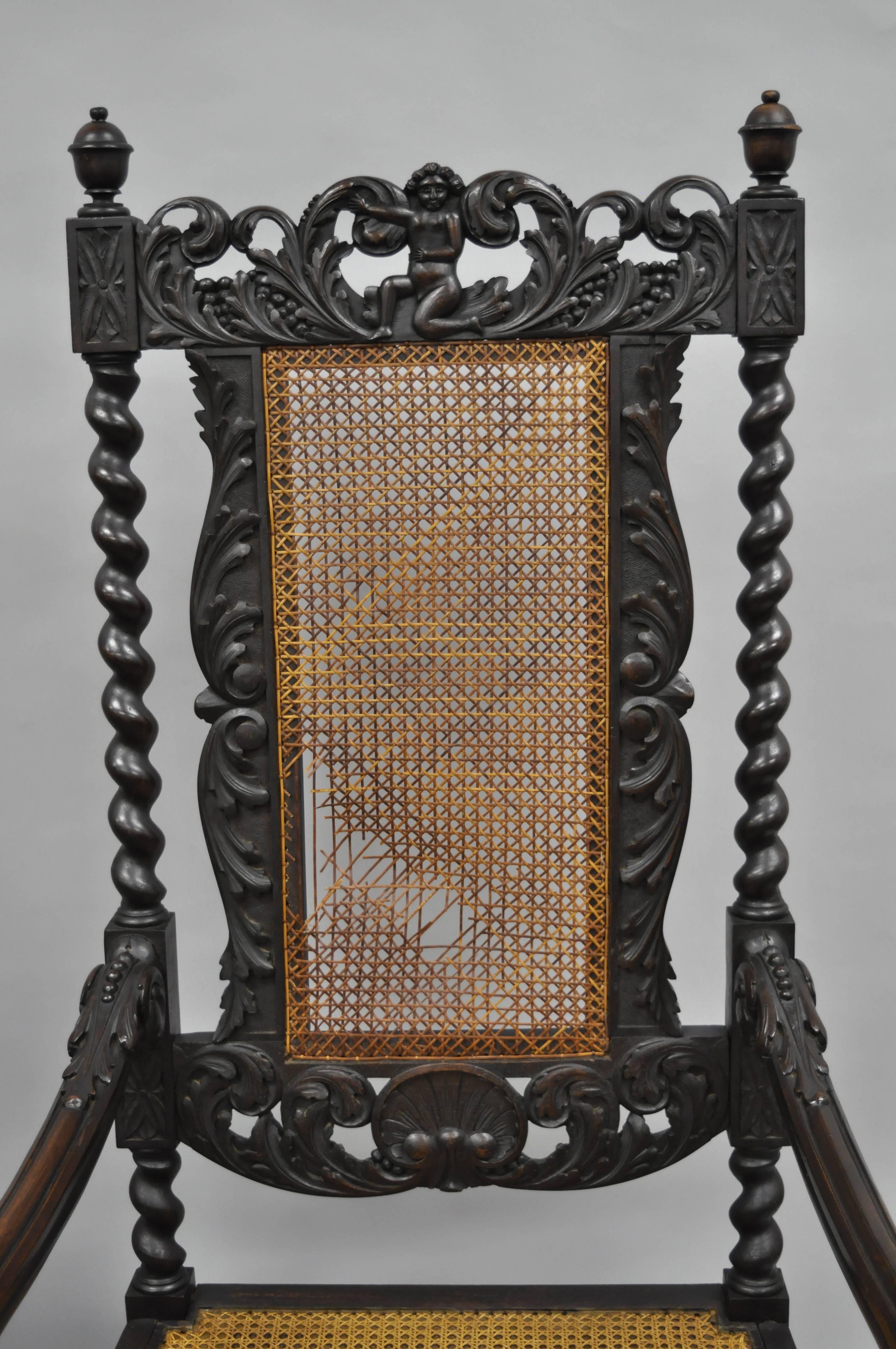 Cane Jacobean Renaissance Revival Cherub Carved Parlor Throne Chairs Armchairs