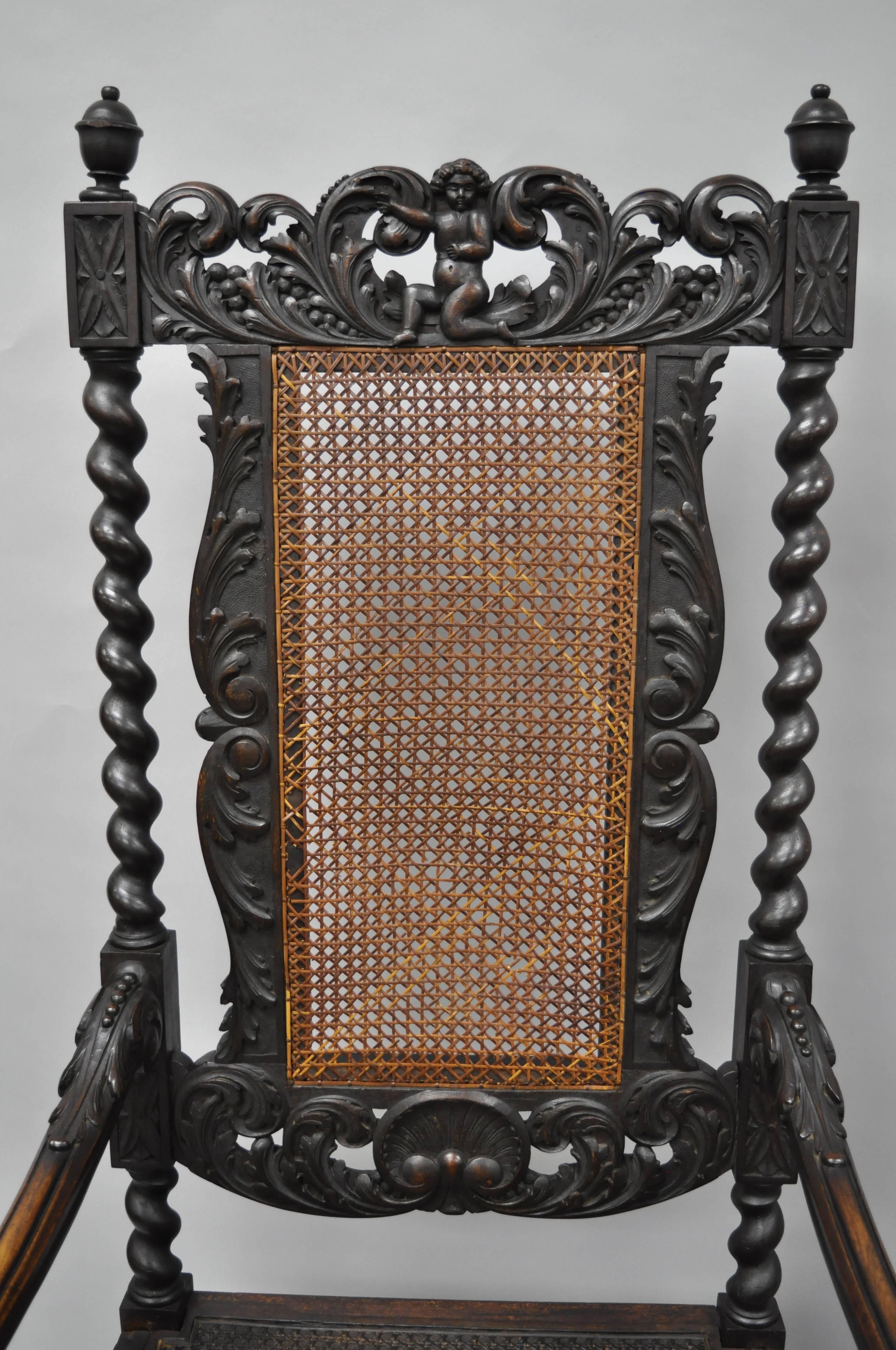 European Jacobean Renaissance Revival Cherub Carved Parlor Throne Chairs Armchairs